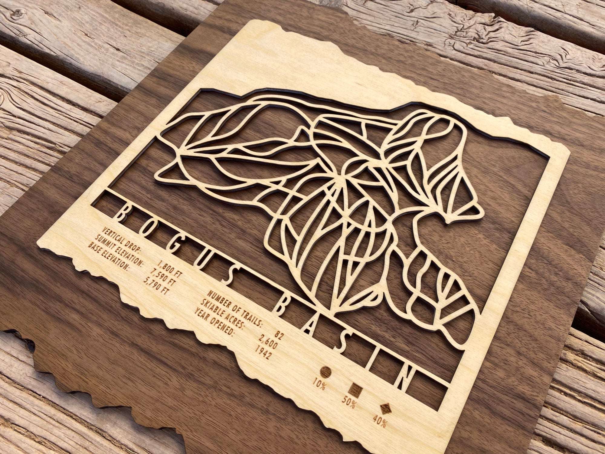 Close-up of Bogus Basin Ski Trail Map  highlighting intricate trail lines and engraved mountain stats of this Idaho ski area.