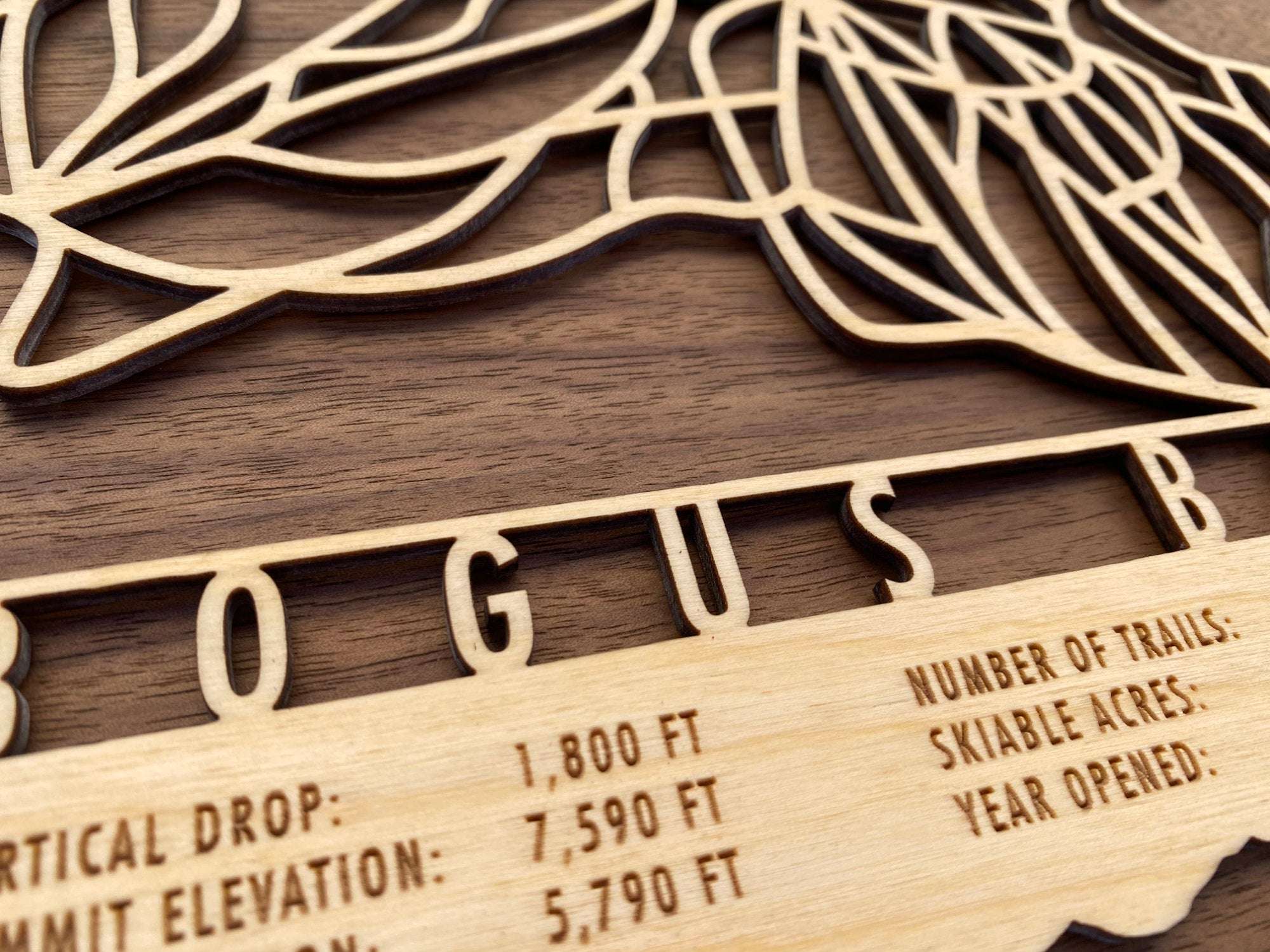 Detailed view of Bogus Basin wood ski map showing engraved text and precision-cut trail layout, perfect for home or cabin ski decor.