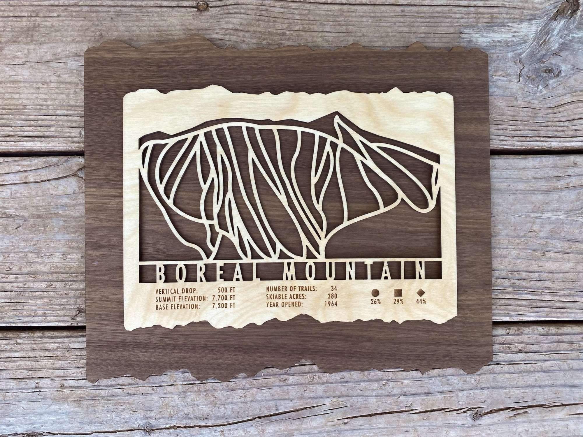 Flat lay of Boreal Mountain Ski Trail Map - Wall Decor - MountainCut on wooden surface, highlighting laser-cut trail design and rustic wood finish.