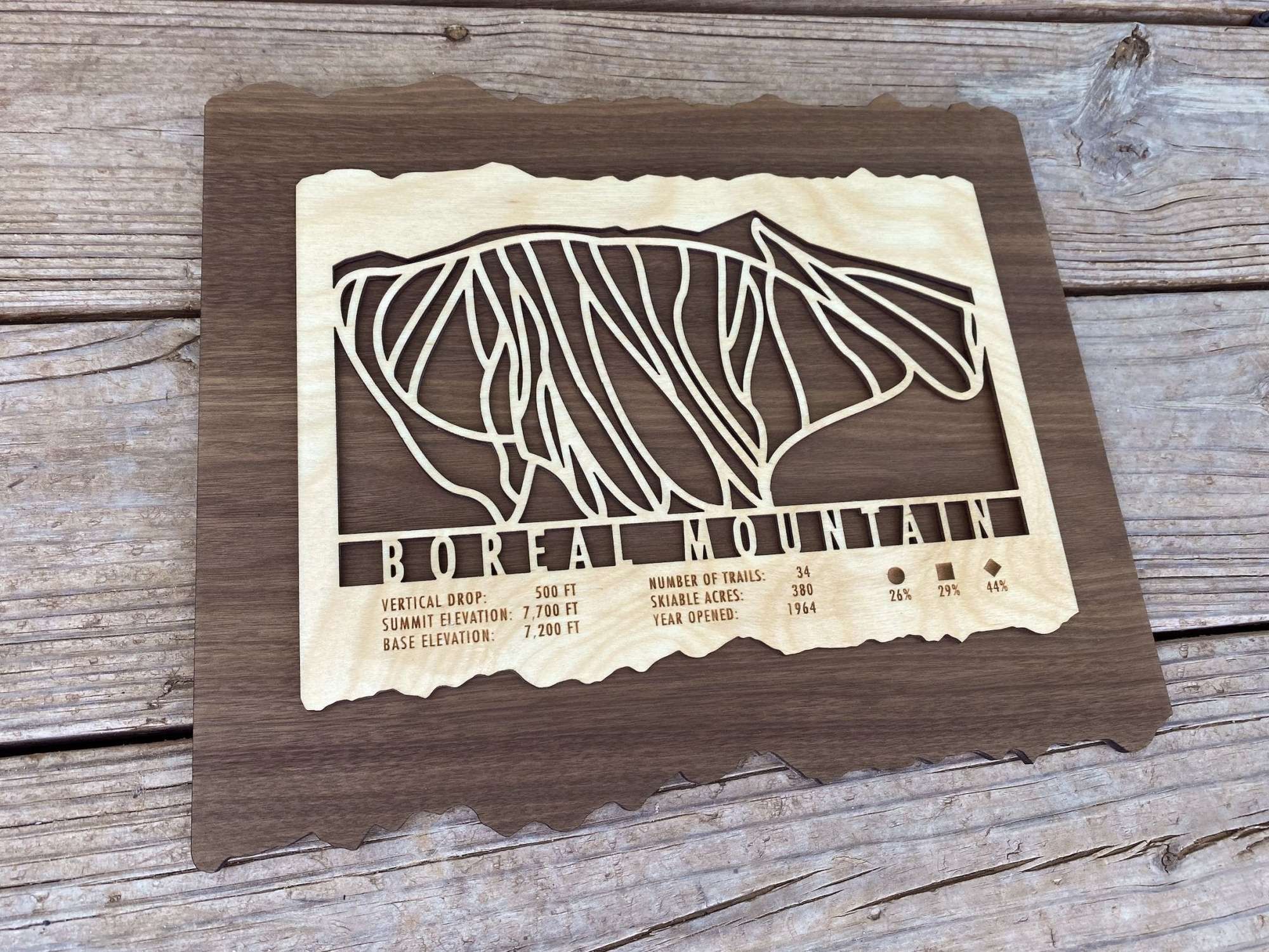 Angled view of Boreal Mountain Ski Trail Map - Wall Decor - MountainCut on wood background, showcasing ski trail layout and engraved resort info.