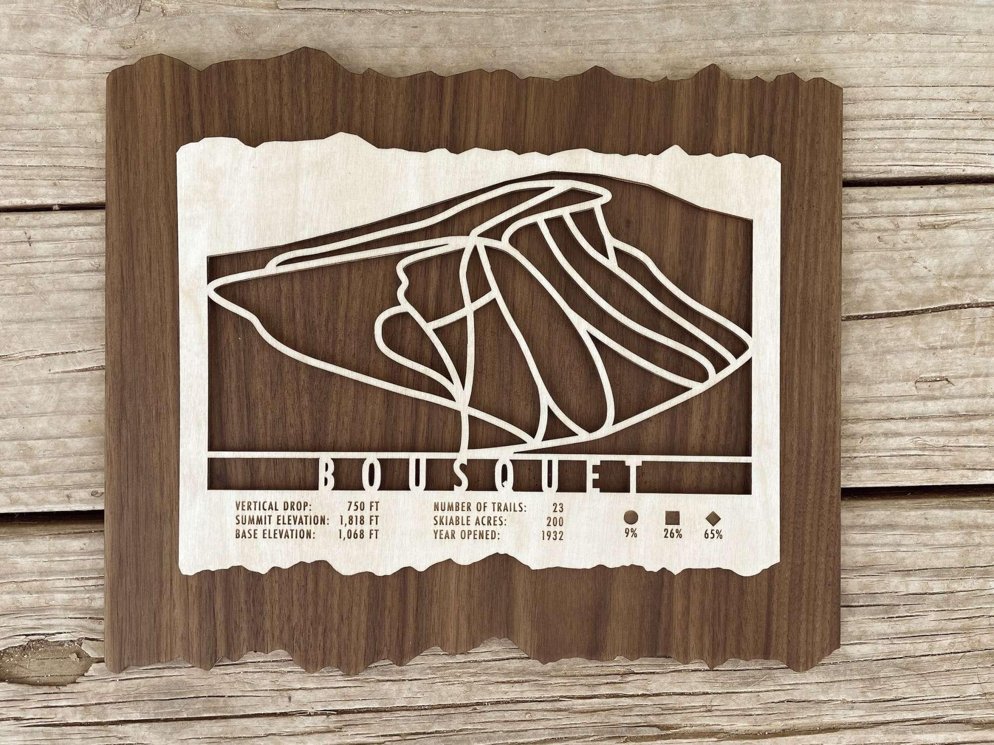 Top-down view of Bousquet Ski Trail Map wood decor with laser-cut trail layout and engraved resort data for ski lodge wall art.