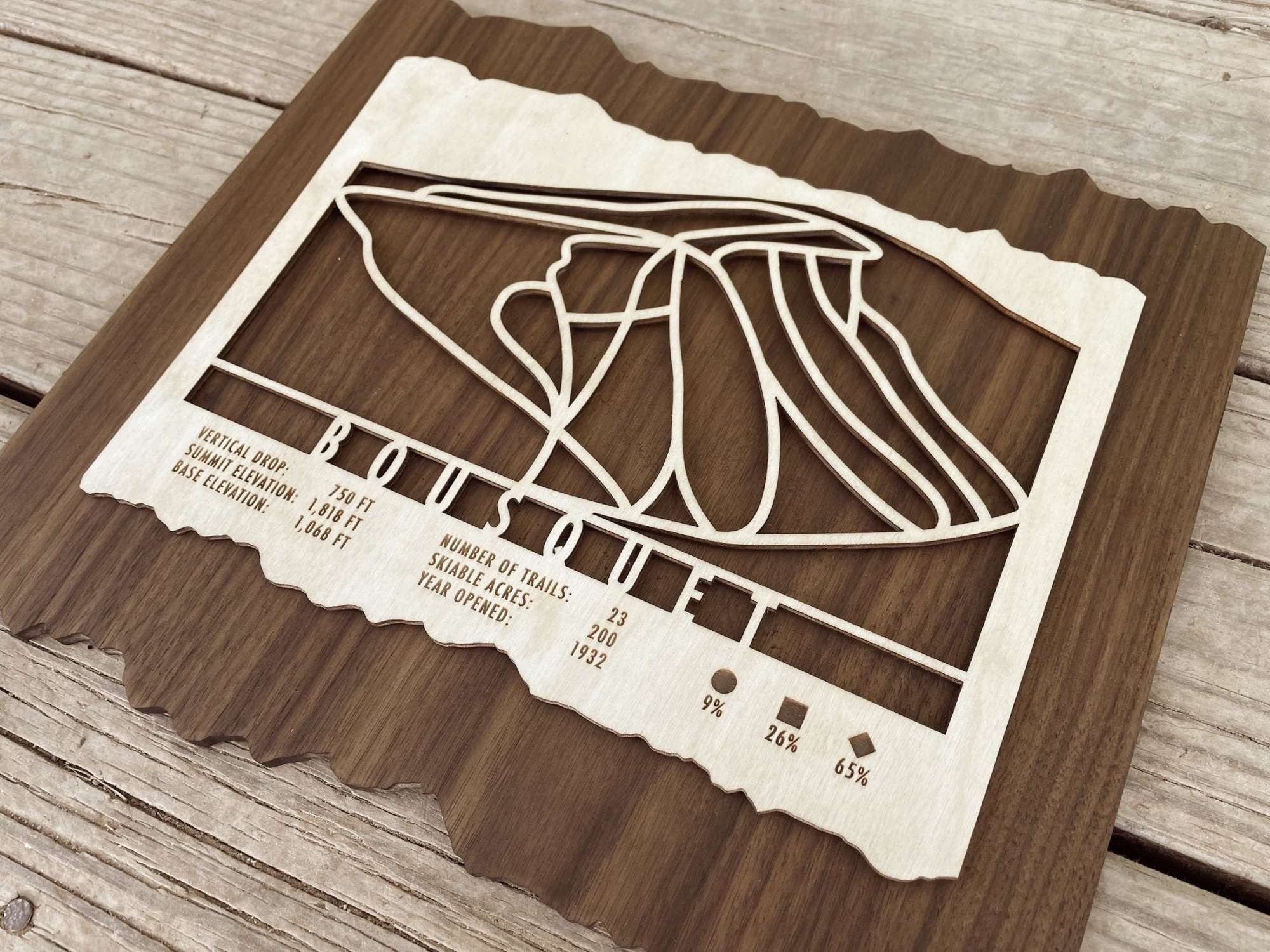 Close-up of Bousquet Ski Trail Map wood decor showing intricate trail lines of the historic Massachusetts ski area.