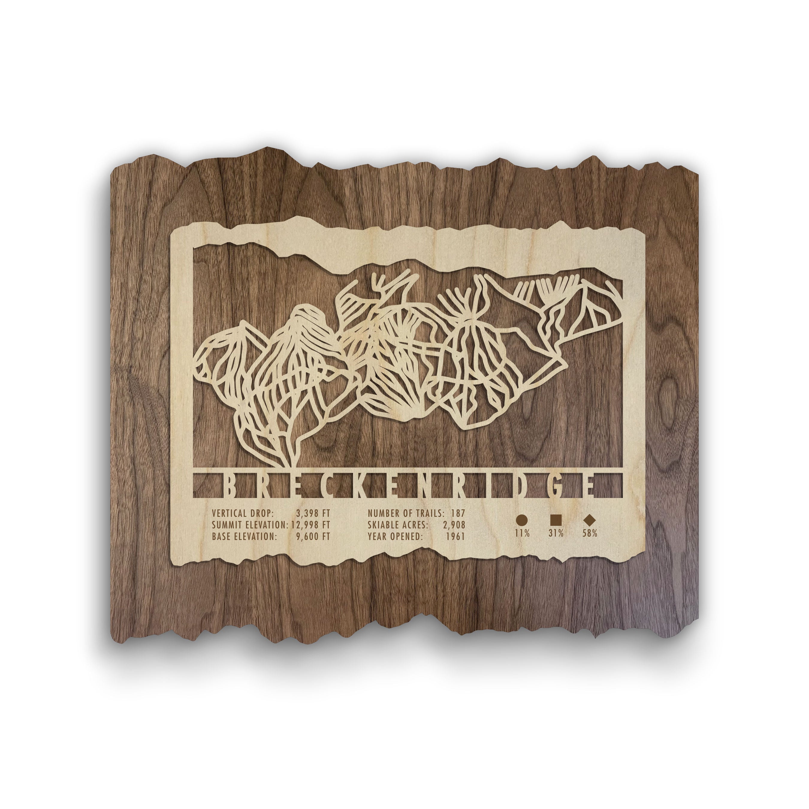 Breckenridge Ski Trail Map by Mountaincut featuring laser-cut ski runs on natural wood, ideal for rustic home wall art.