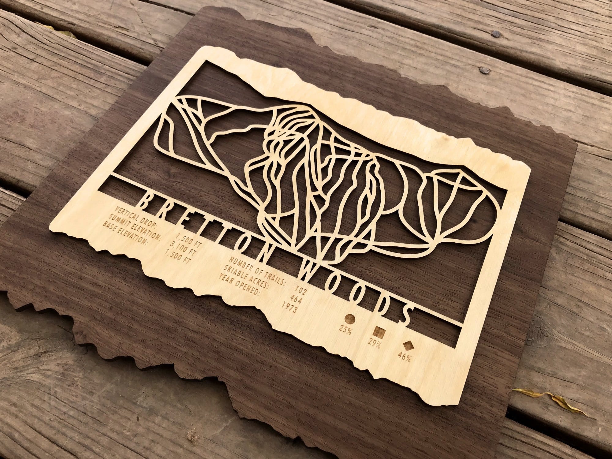 Detailed view of Bretton Woods Trail Map - Wall Decor showing intricate ski trail carvings on layered wood, great gift for skiers.