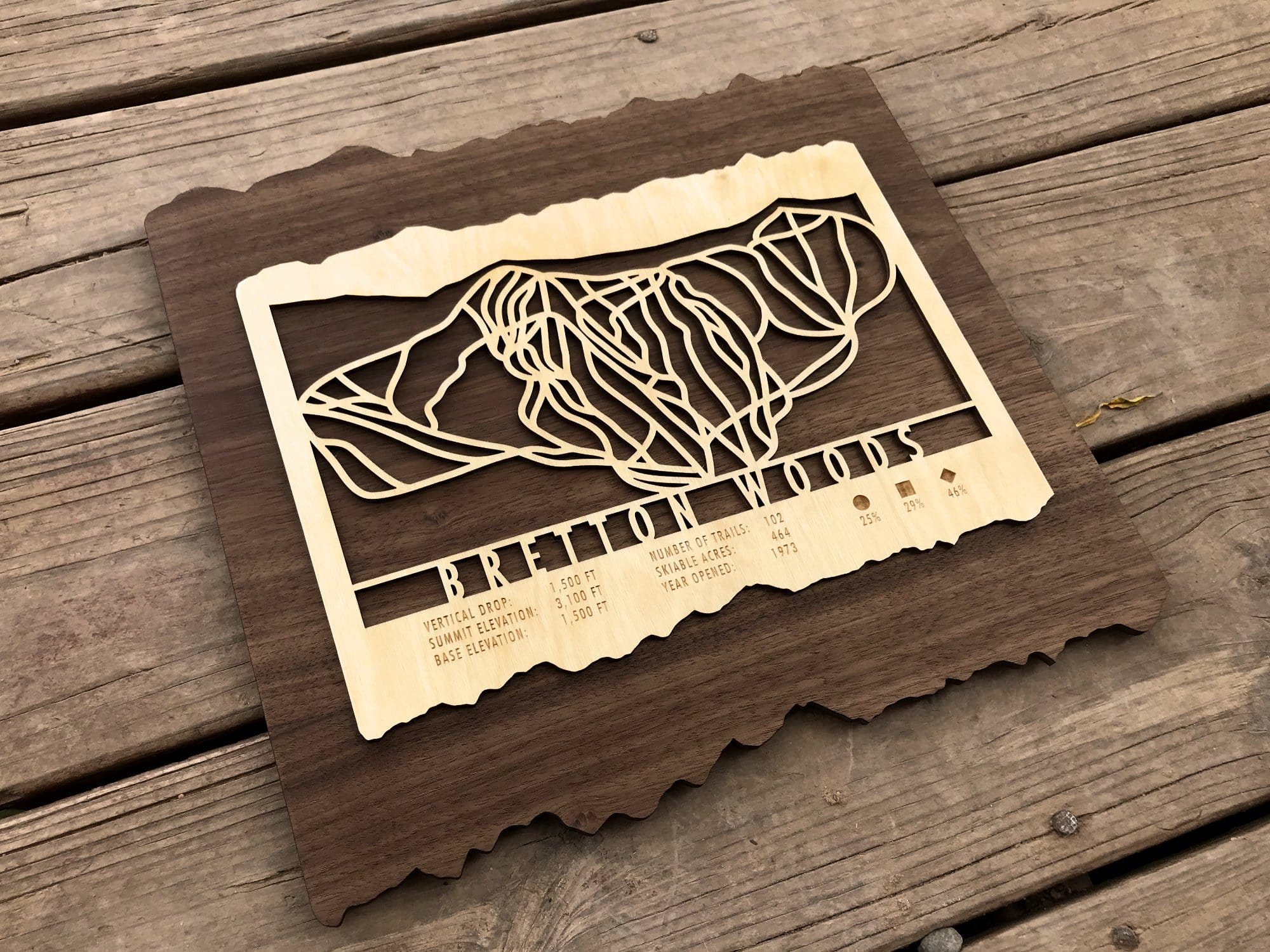 Wooden Bretton Woods ski trail map artwork displayed on rustic wood, perfect for decorating ski lodges or mountain homes.
