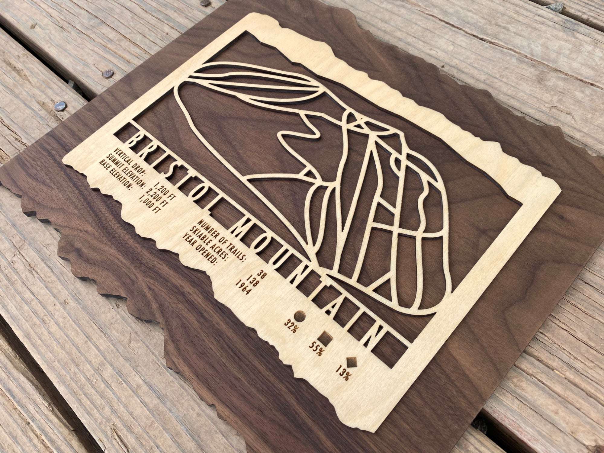 Wooden Bristol Mountain Trail Map by MountainCut, handcrafted ski decor with detailed trail paths and resort information for wall display.