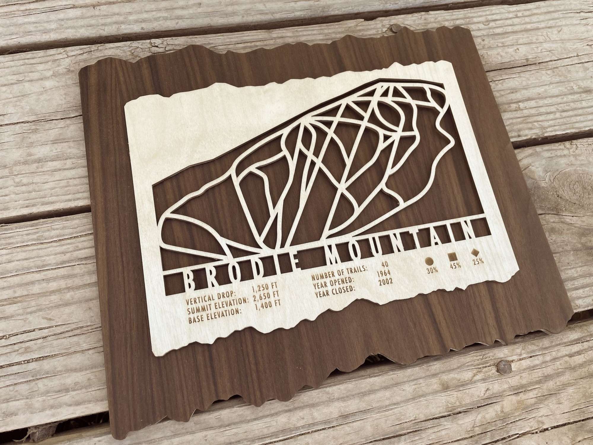Laser-cut Brodie Mountain Ski Trail Map by Mountaincut on rustic wood, ideal for Massachusetts ski enthusiasts and home wall decoration.
