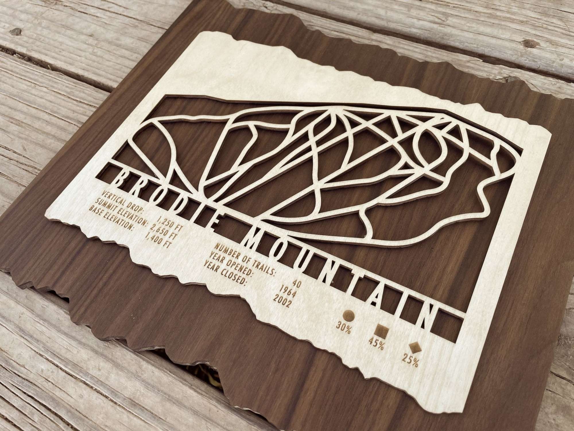 Detailed Brodie Mountain ski trail map carved in wood, showcasing trail layout and resort history for unique ski-themed wall art.