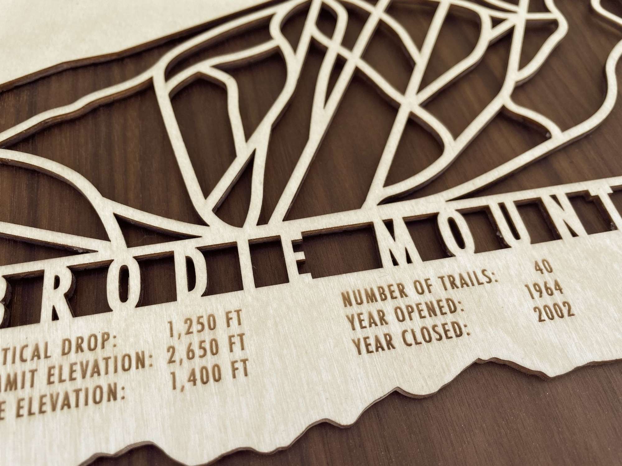 Close-up of Brodie Mountain wooden ski map showing engraved trail lines and resort information, handcrafted for ski decor lovers.