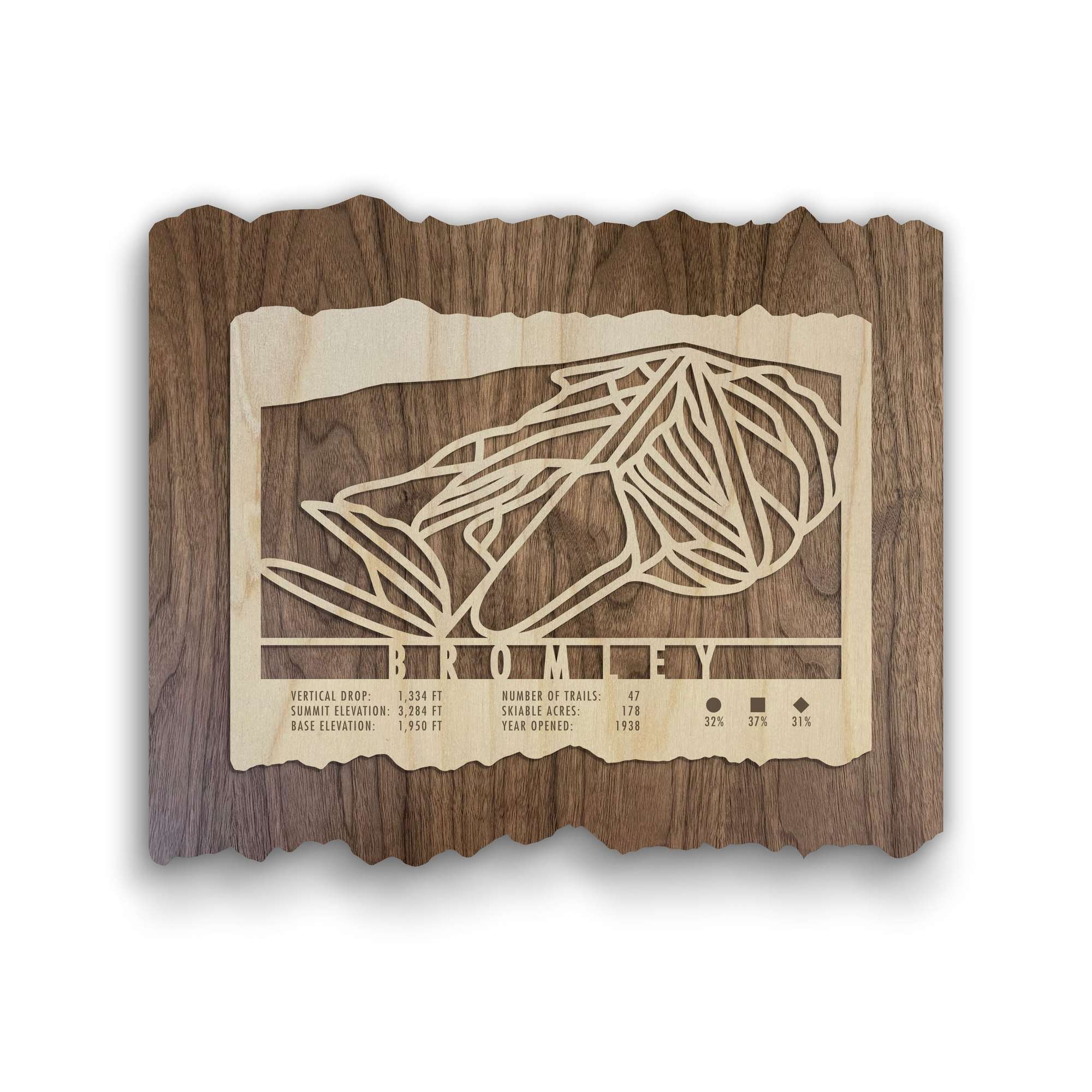 Bromley Ski Trail Map - Wood Wall Decor - MountainCut wooden ski trail map featuring engraved trail lines and resort stats on rustic wood for home or lodge.
