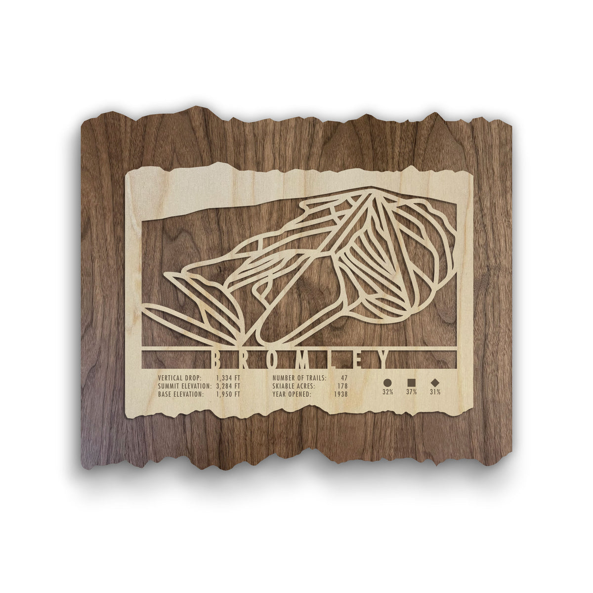 Bromley Ski Trail Map - Wood Wall Decor - MountainCut wooden ski trail map featuring engraved trail lines and resort stats on rustic wood for home or lodge.