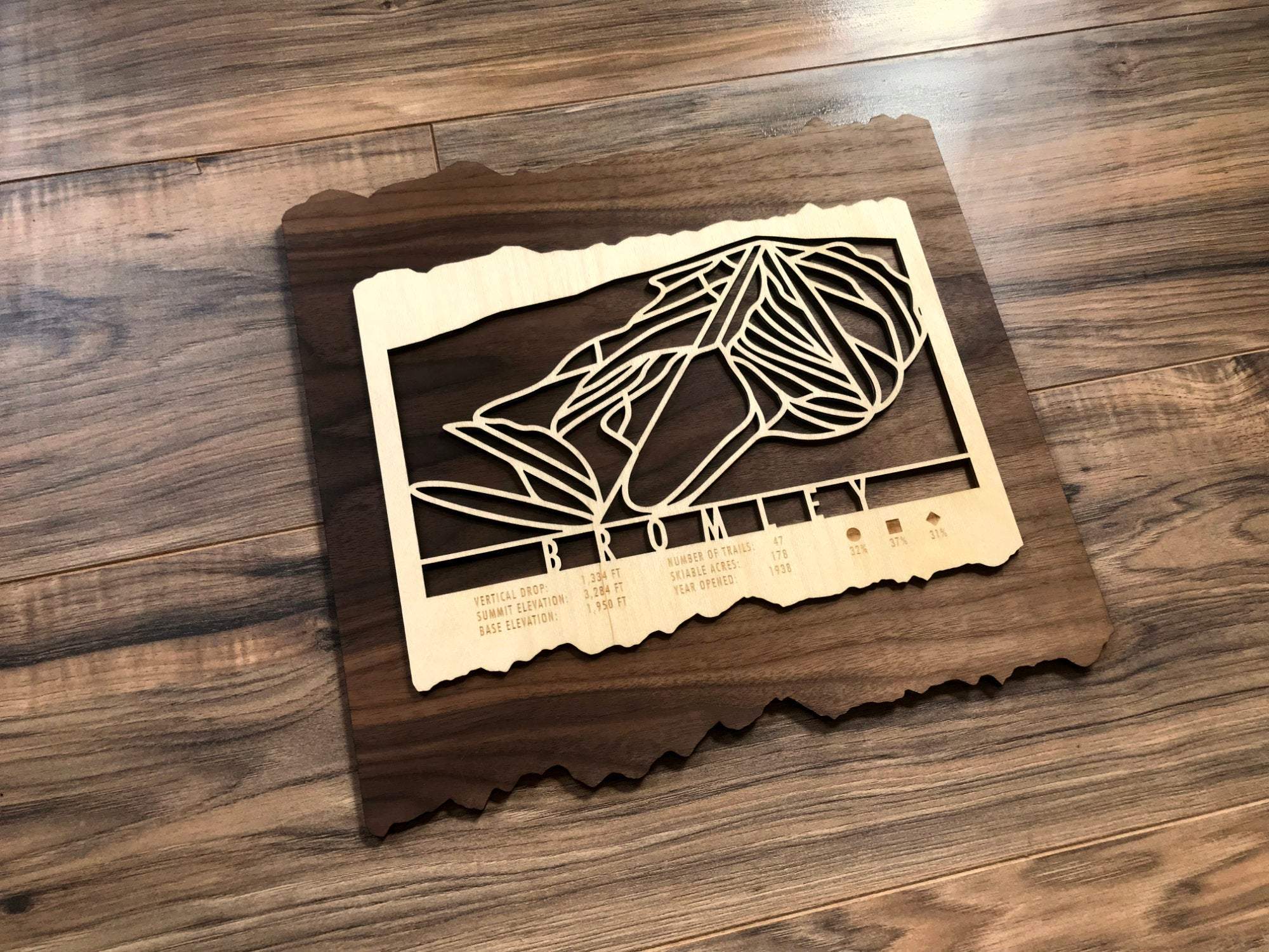 Wooden Bromley Ski Trail Map by Mountaincut - showcasing engraved trail layout and rustic wall art design.