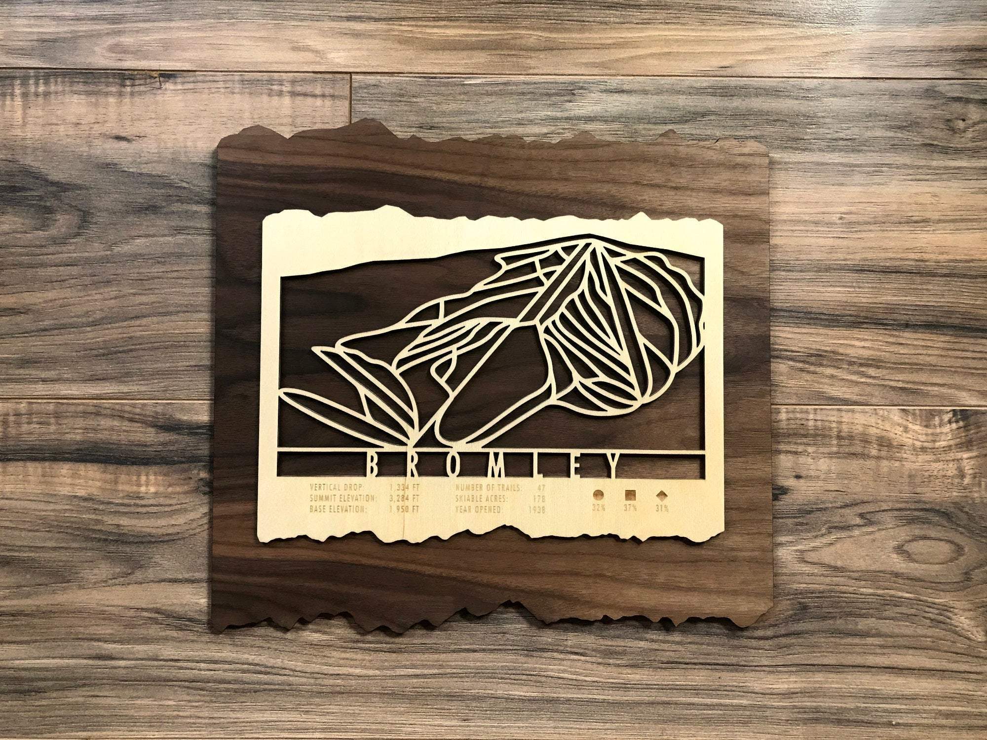 Full view of Bromley Ski Trail Map - Wall Decor - MountainCut on wood floor, featuring detailed ski trail artwork and rustic Vermont mountain design.