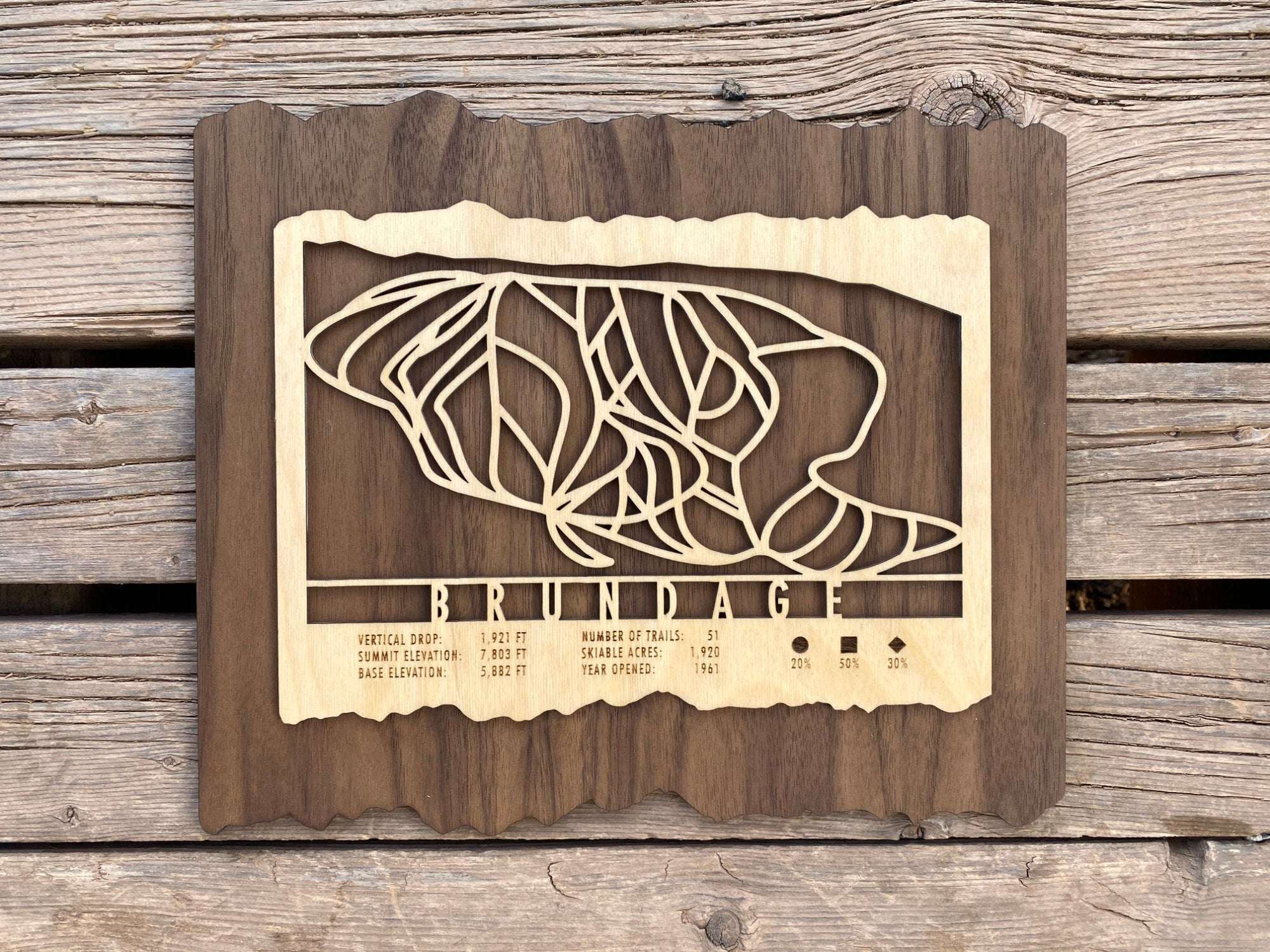 Brundage Ski Trail Map - Wood Ski Decor by Mountaincut displayed outdoors, showcasing engraved ski runs and Idaho mountain resort stats.
