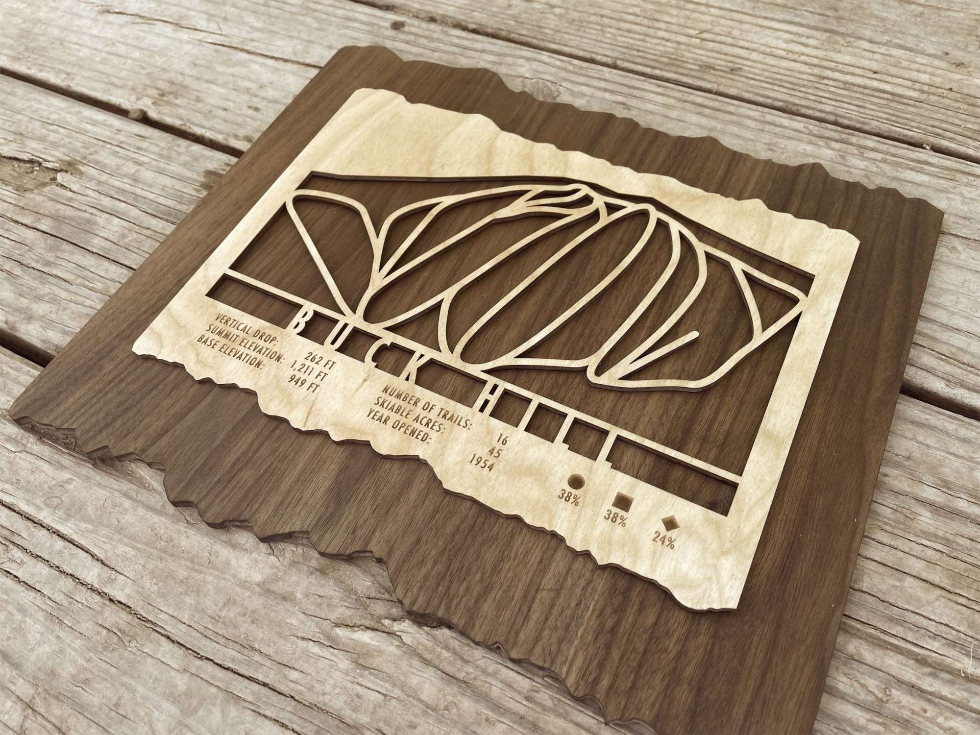 Close-up side angle of Buck Hill Ski Trail Map - Wall Decor - MountainCut highlighting laser-cut trail design and natural wood grain texture.