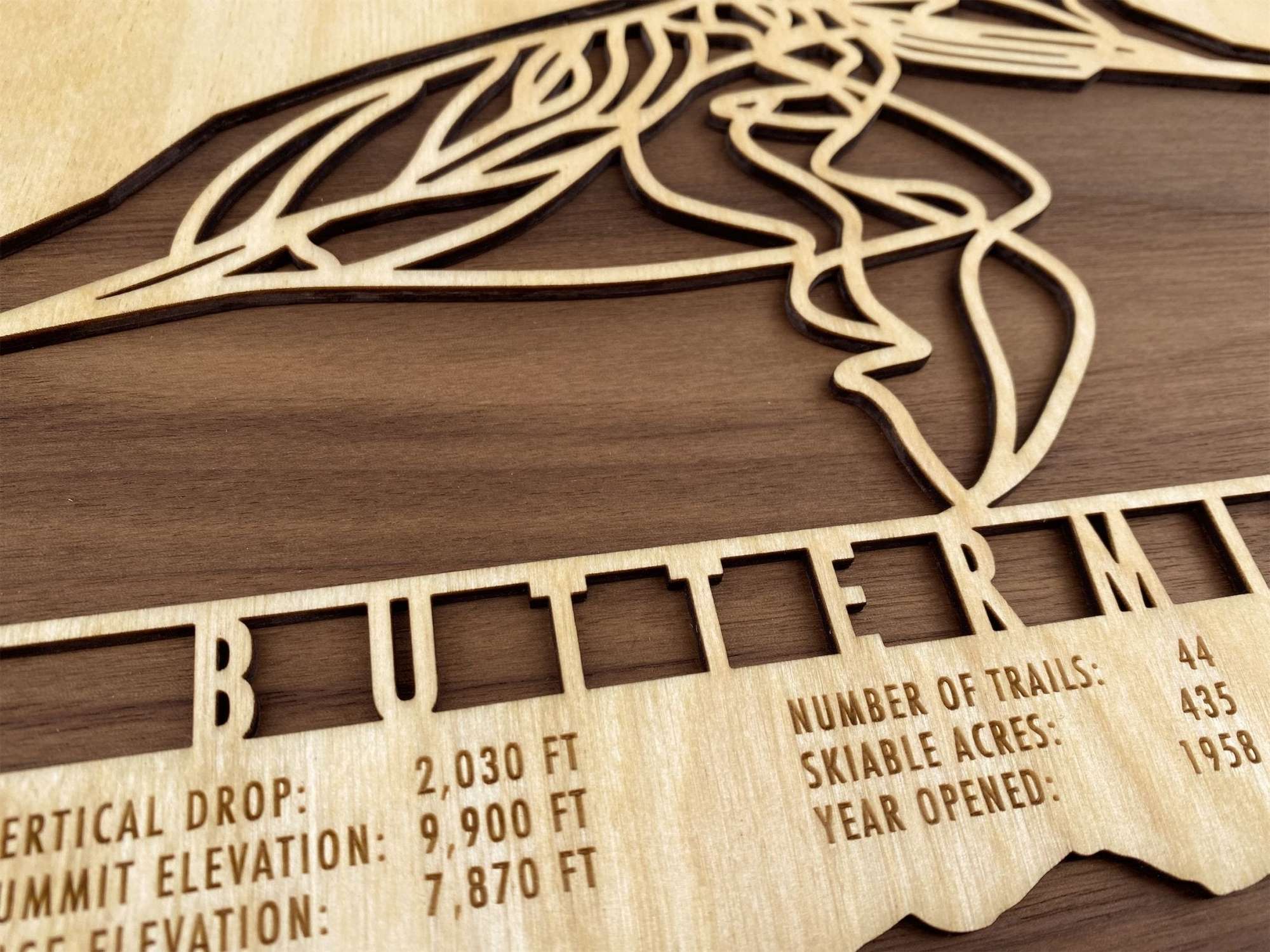 Buttermilk Trail Map - Wall Decor - MountainCut close-up of engraved lettering and trail stats on wooden ski decor for Colorado enthusiasts.