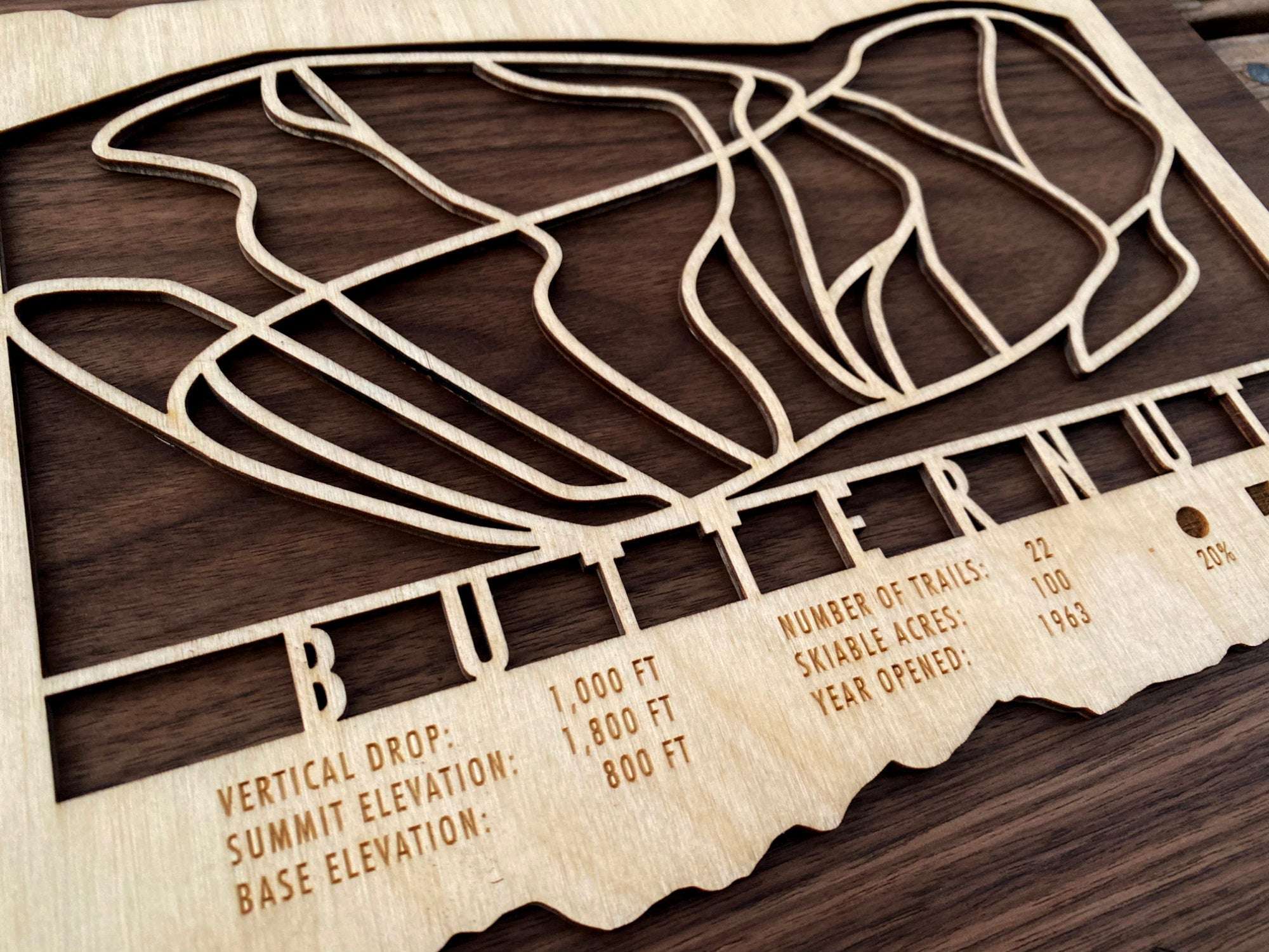 Close-up of Butternut Ski Trail Map showing engraved mountain stats of the Massachusetts ski resort.