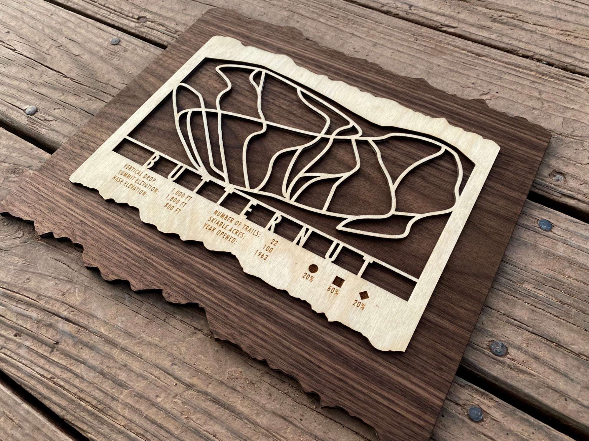 Angled view of Butternut Ski Trail Map highlighting 3D laser-cut design and engraved trail stats on wood.