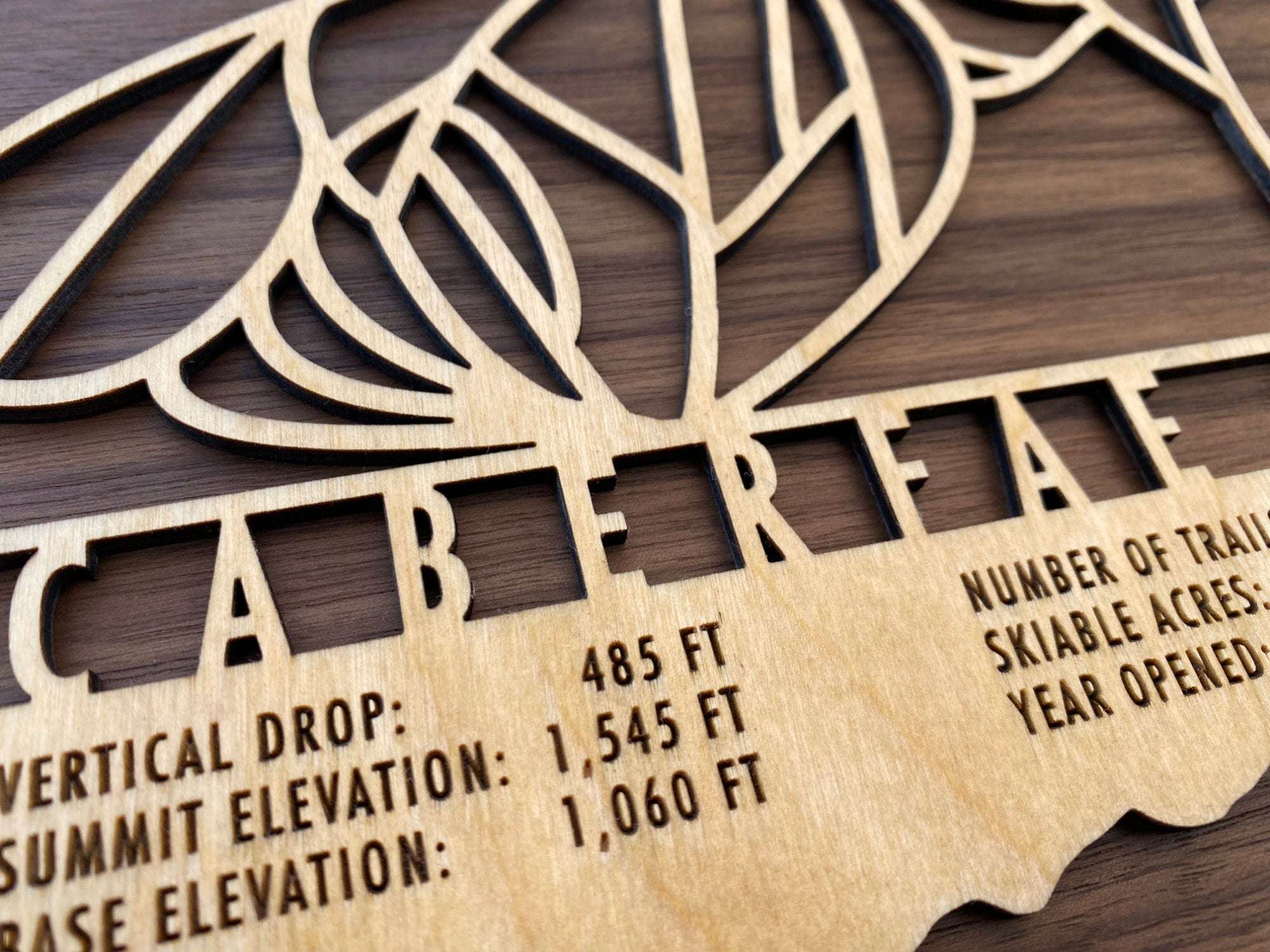 Close-up of Caberfae Peaks wood ski map showing engraved trail names, elevations, and resort details, crafted for ski lovers' home decor.