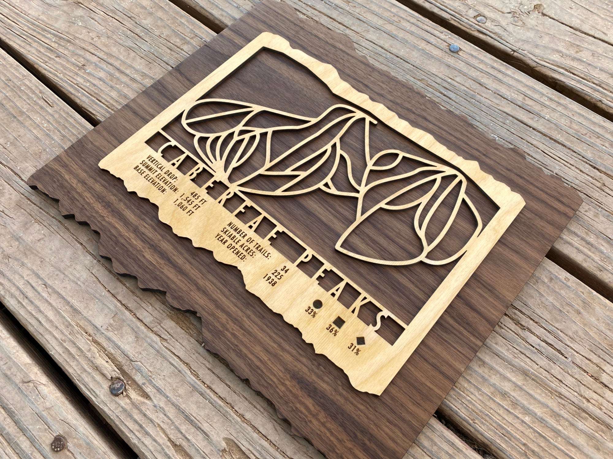 Angled view of Caberfae Peaks Ski Trail Map - Wood Ski Decor - Mountaincut showing detailed trail lines and engraved resort information.
