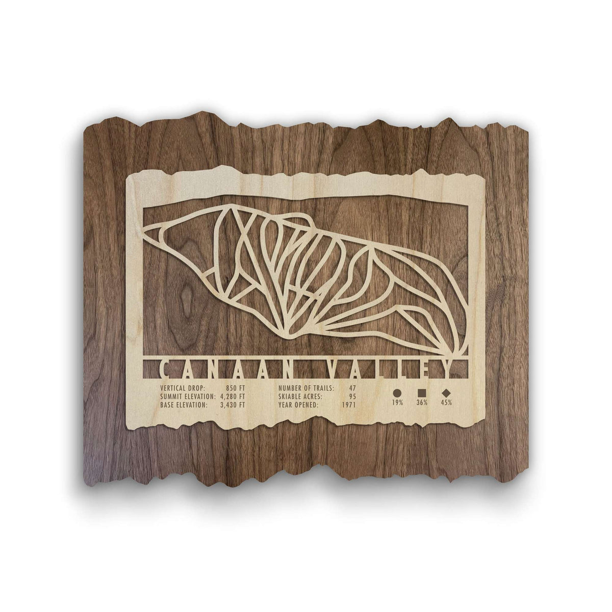 Canaan Valley Ski Trail Map - Wood Ski Decor - Mountaincut featuring laser-cut ski trails on rustic wood, ideal wall art for skiers and snowboarders.