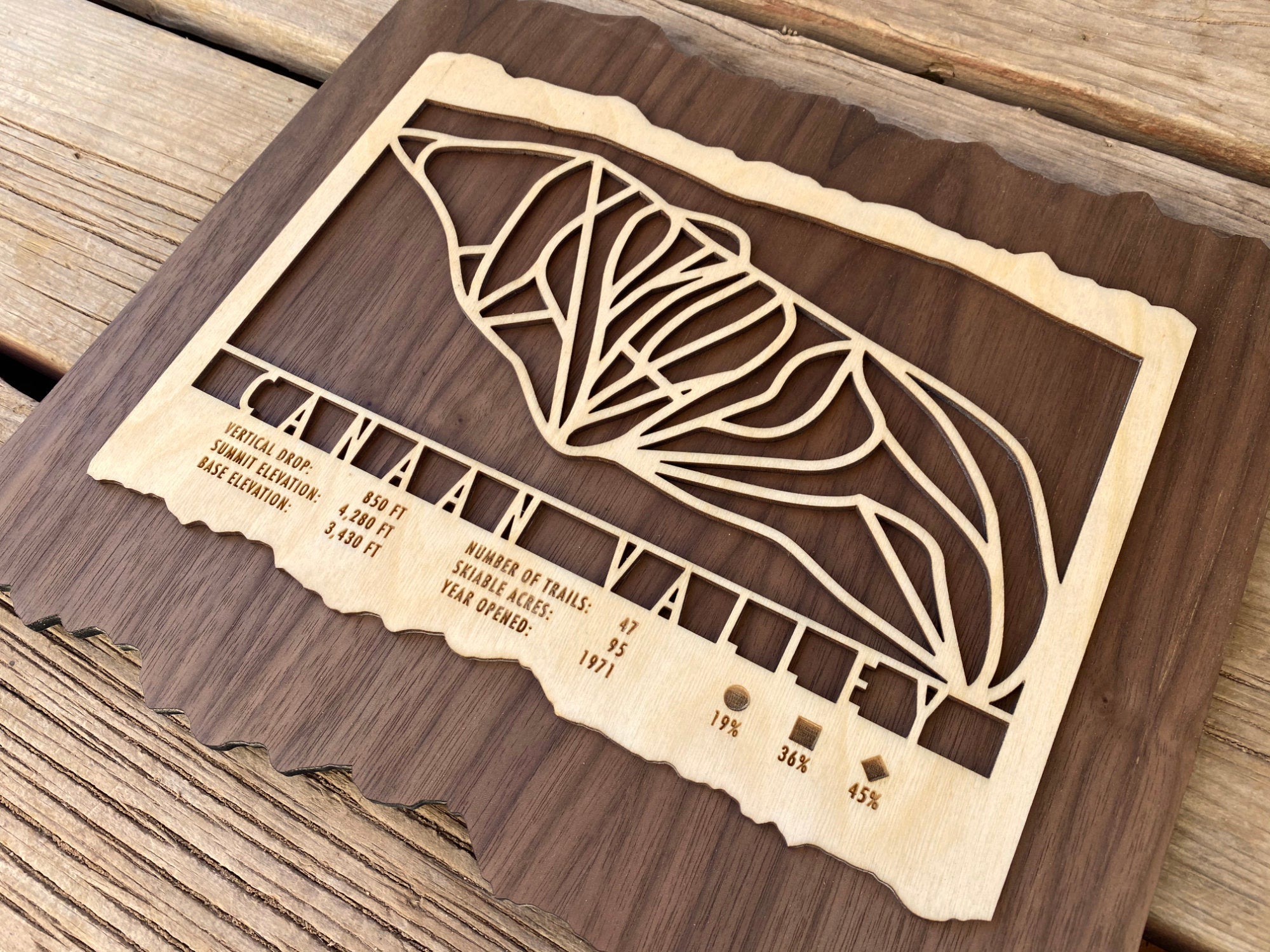 Detailed view of Canaan Valley Ski Trail Map - Wood Ski Decor - Mountaincut showing engraved ski trail layout and resort stats on wood.