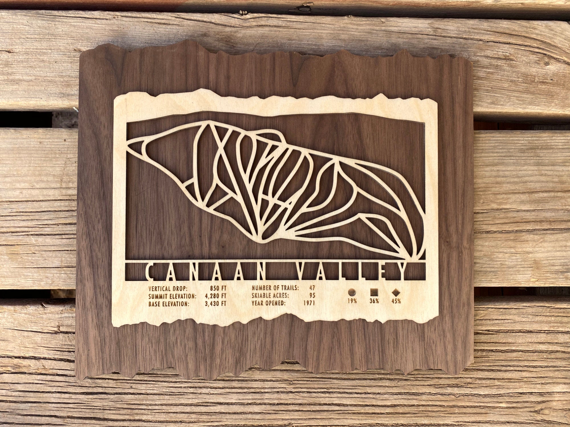 Canaan Valley Ski Trail Map - Wood Ski Decor - Mountaincut displayed outdoors, showcasing rustic wood finish and ski trail artwork.