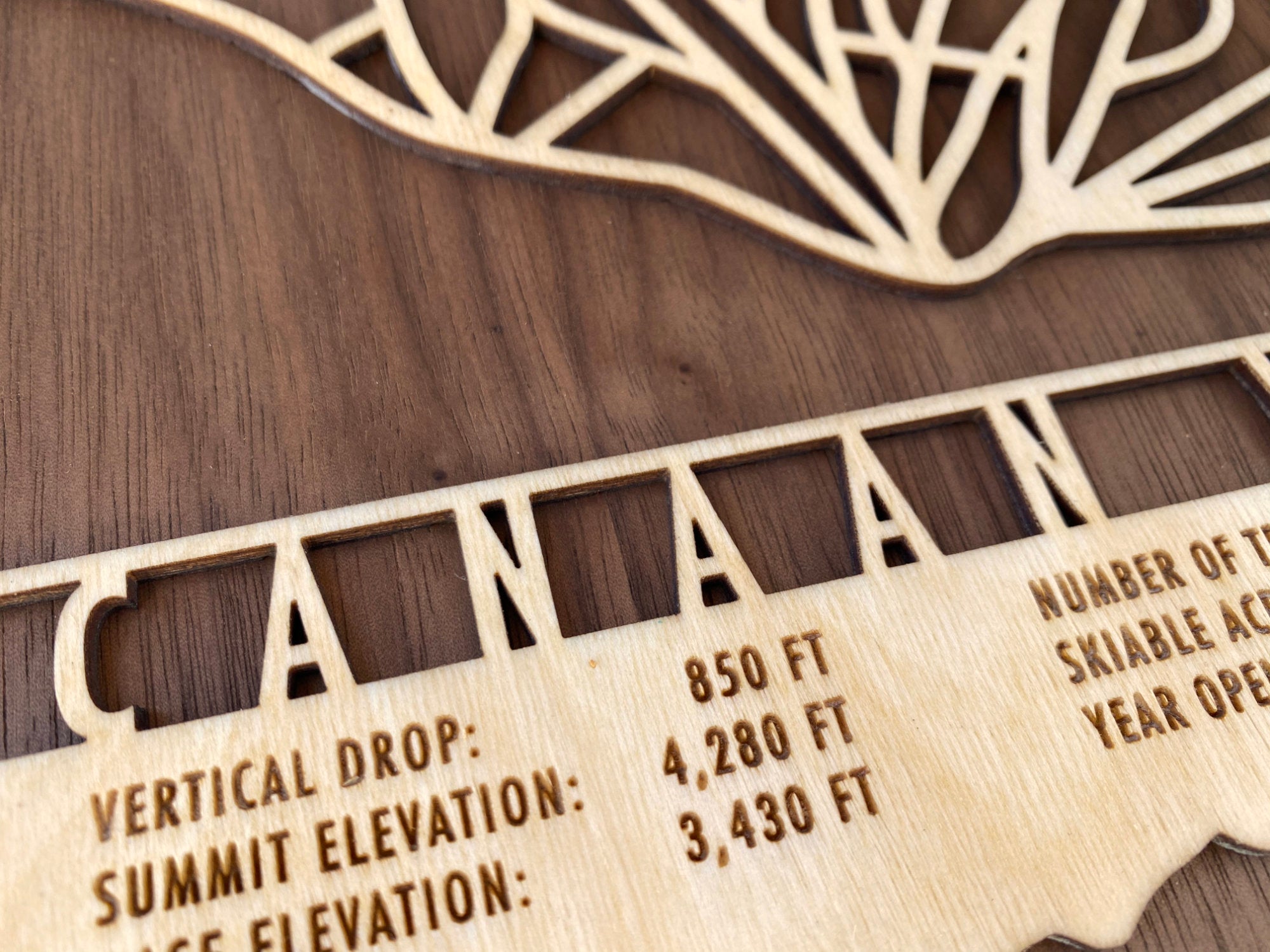 Close-up of Canaan Valley wood ski map highlighting engraved resort data and precision-cut trail design, a unique skier gift.