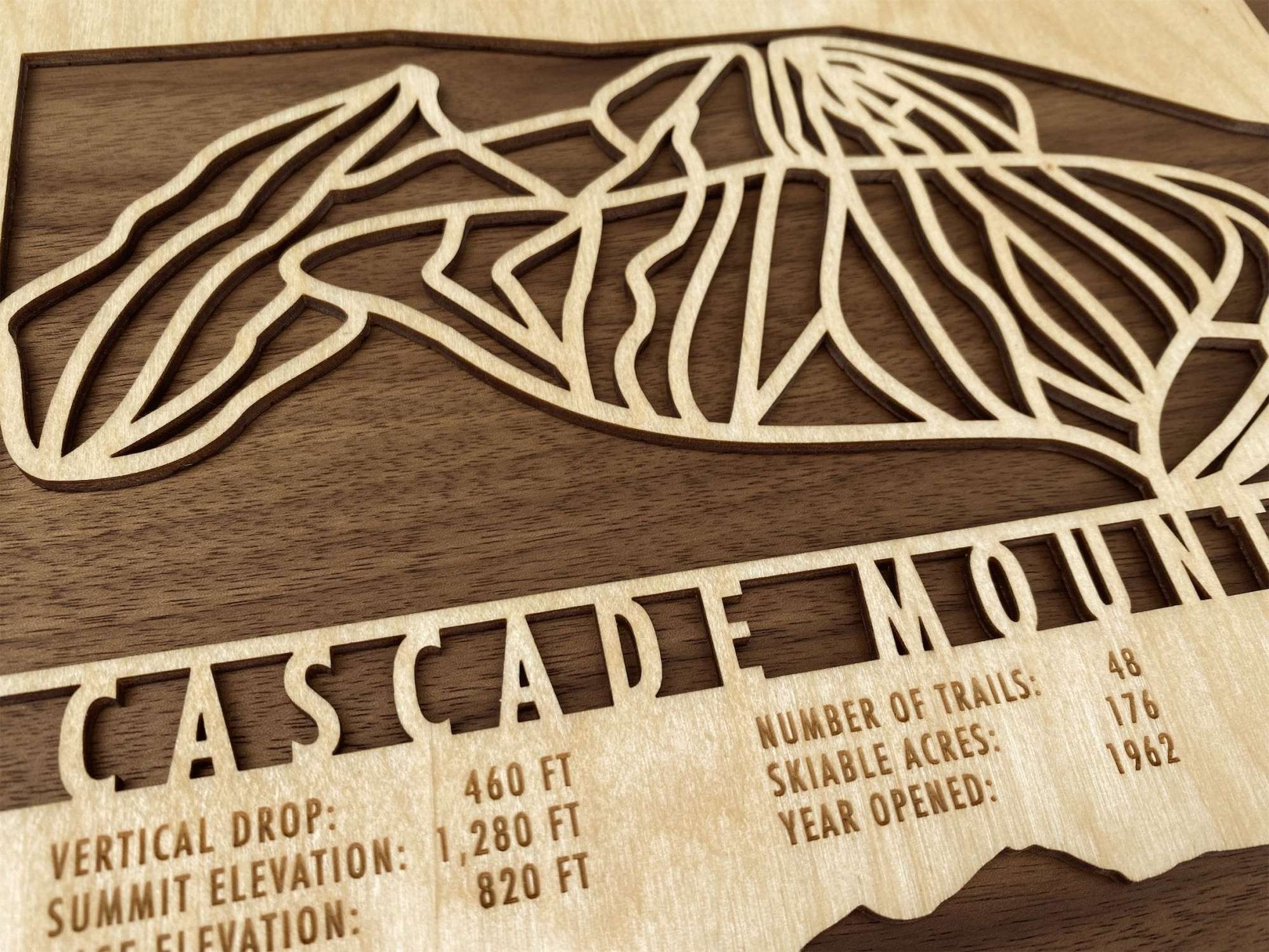 Detailed view of wooden Cascade Mountain Wisconsin ski trail map highlighting trail layout and resort stats, great skier gift.