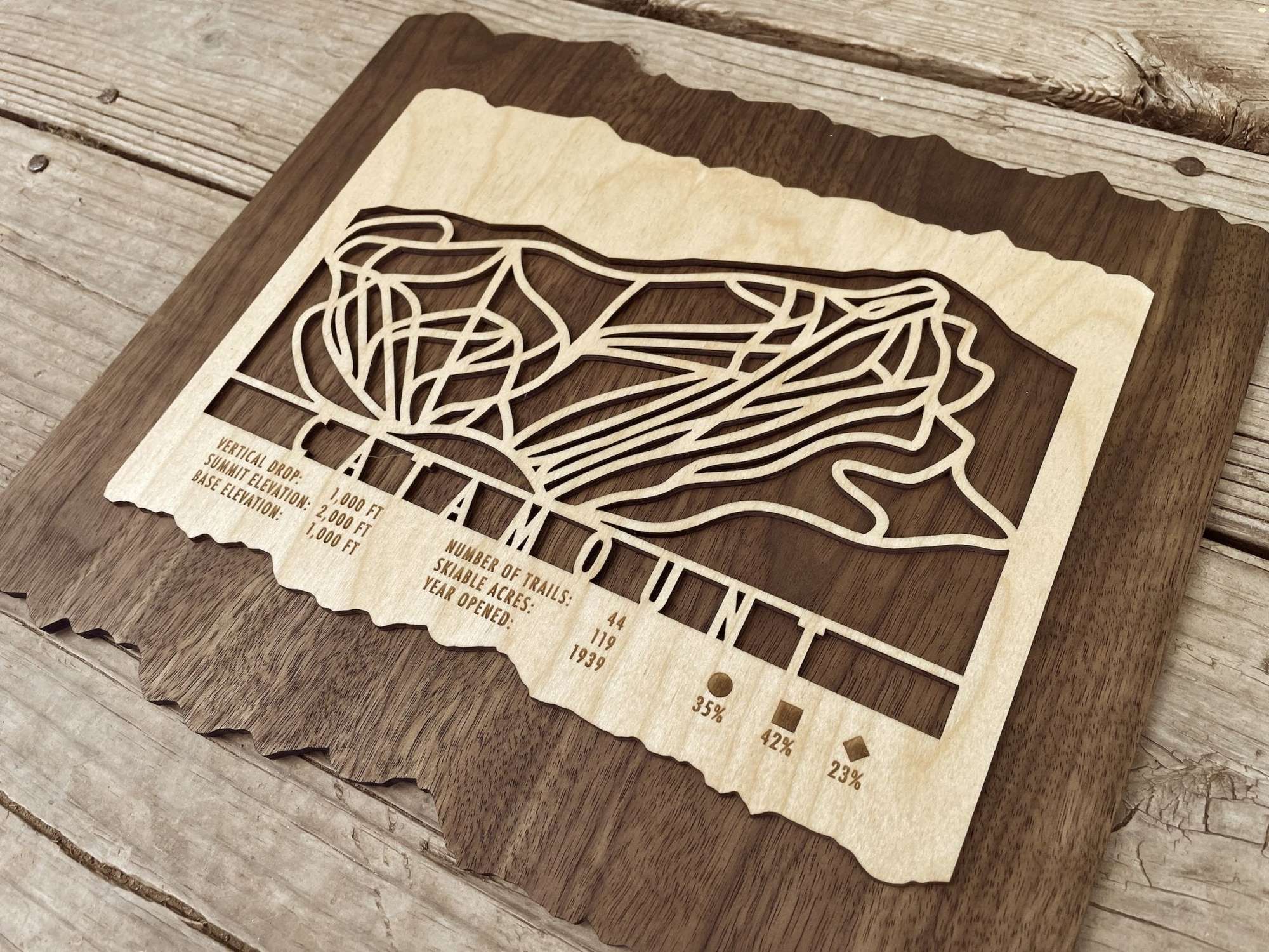 Angled view of Catamount Ski Trail Map - Wood Ski Decor highlighting engraved ski runs and resort data, perfect for rustic ski lodge decor.