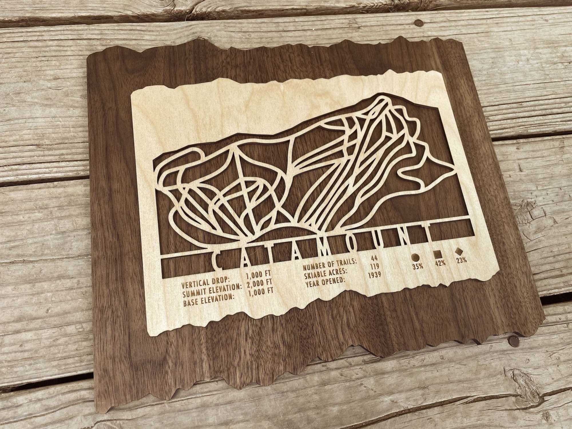 Catamount Ski Trail Map wood wall art displayed on wooden surface, showcasing detailed ski trails and resort stats for home ski decor lovers.