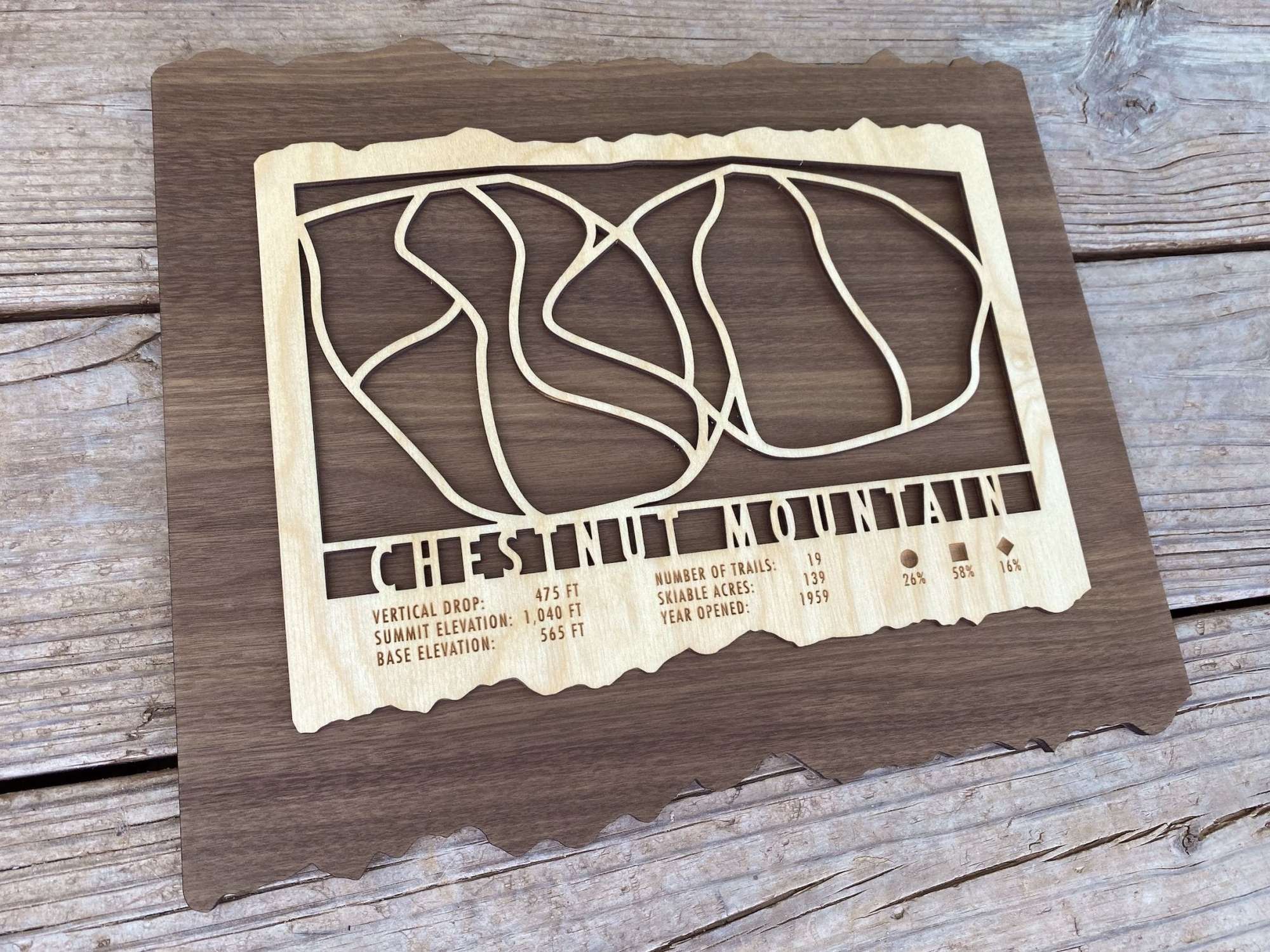 Angled view of Chestnut Mountain wood ski map decor with precision-cut trails and engraved stats, ideal for ski-themed home decor.