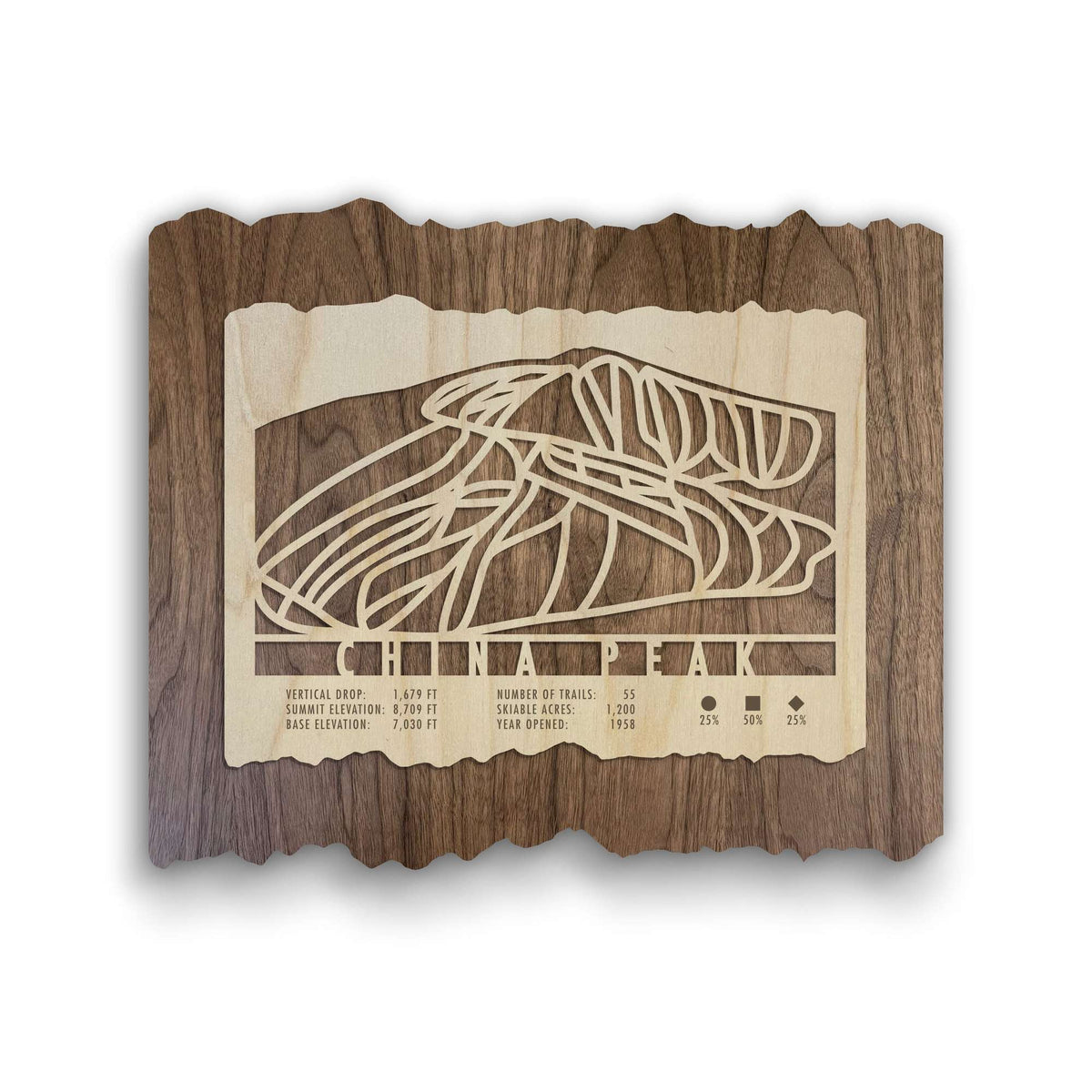 China Peak Ski Trail Map - Wood Ski Decor by Mountaincut featuring laser-cut ski runs and trail stats on rustic wood, ideal for ski lodge wall art.