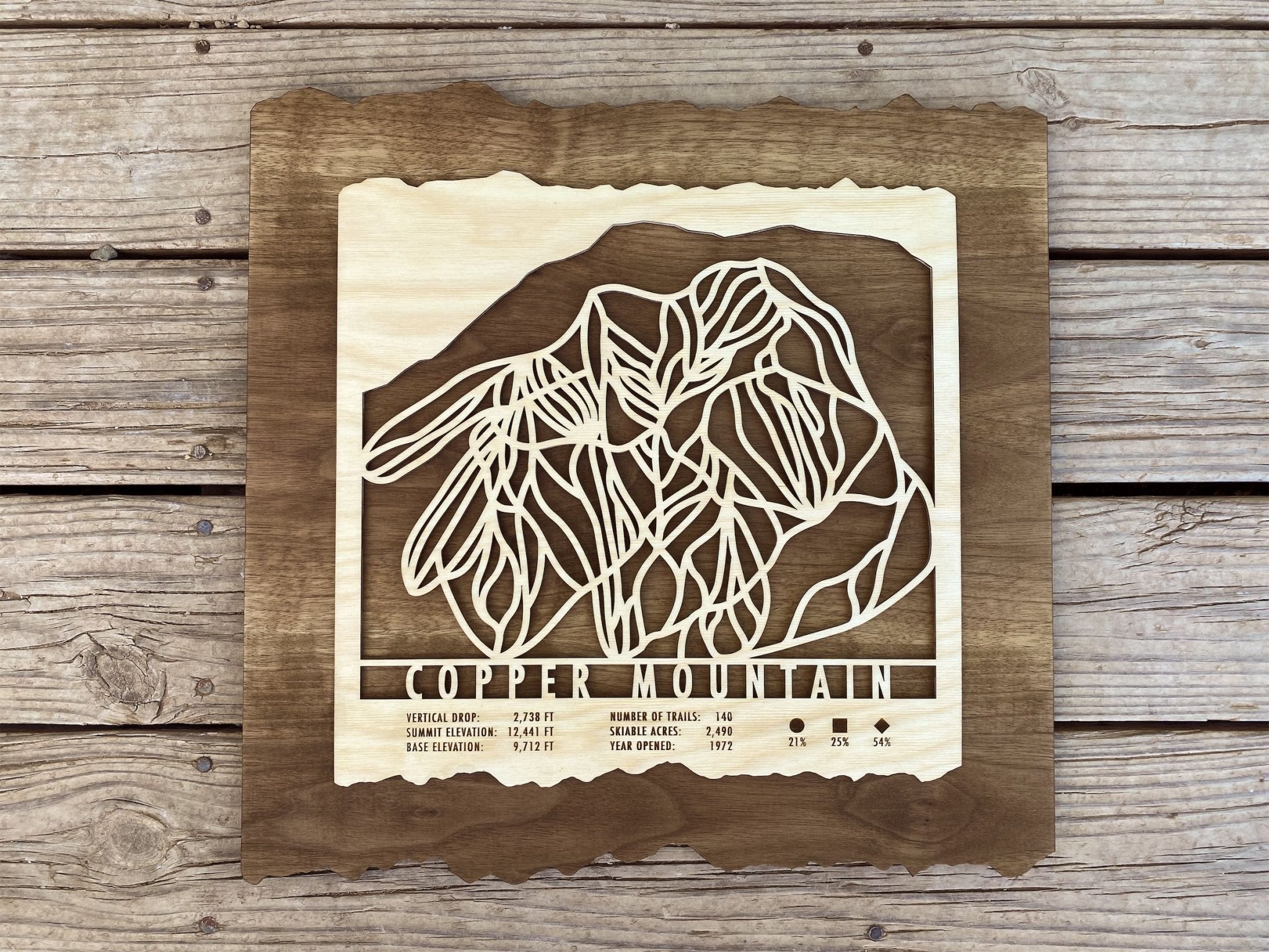 Full view of Copper Mountain Ski Trail Map - Wood Wall Decor laid flat, showcasing ski trail layout and rustic wood finish.