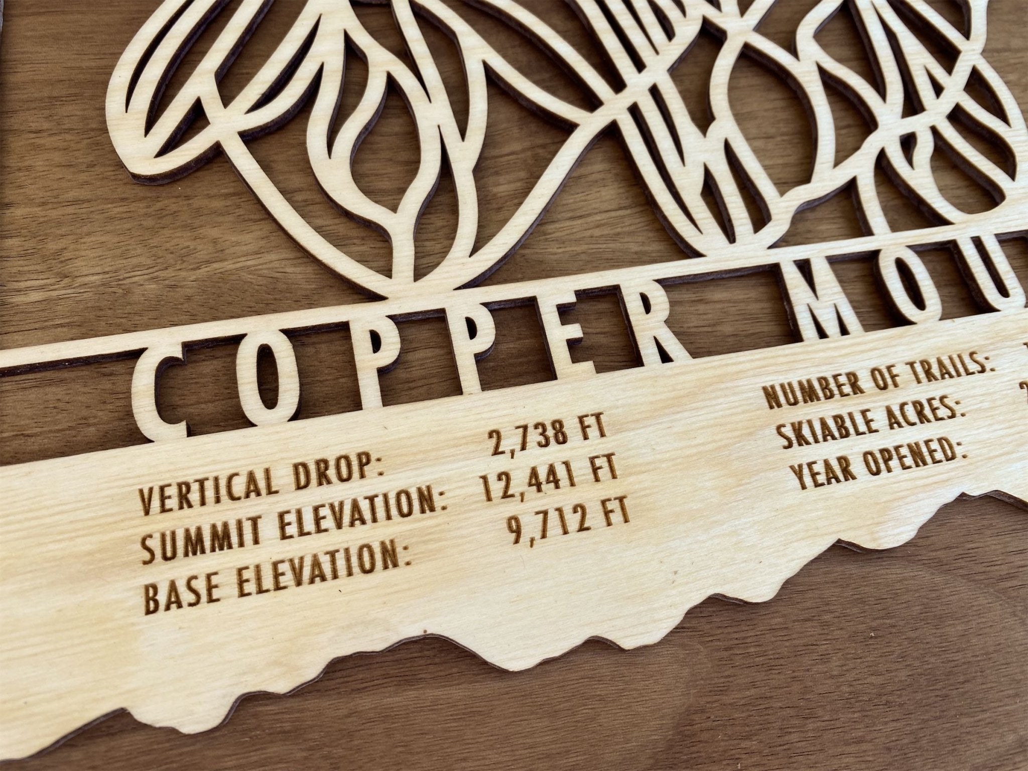 Detail shot of Copper Mountain Ski Trail Map - Wood Wall Decor showing engraved elevation and trail data on precision-cut wood.