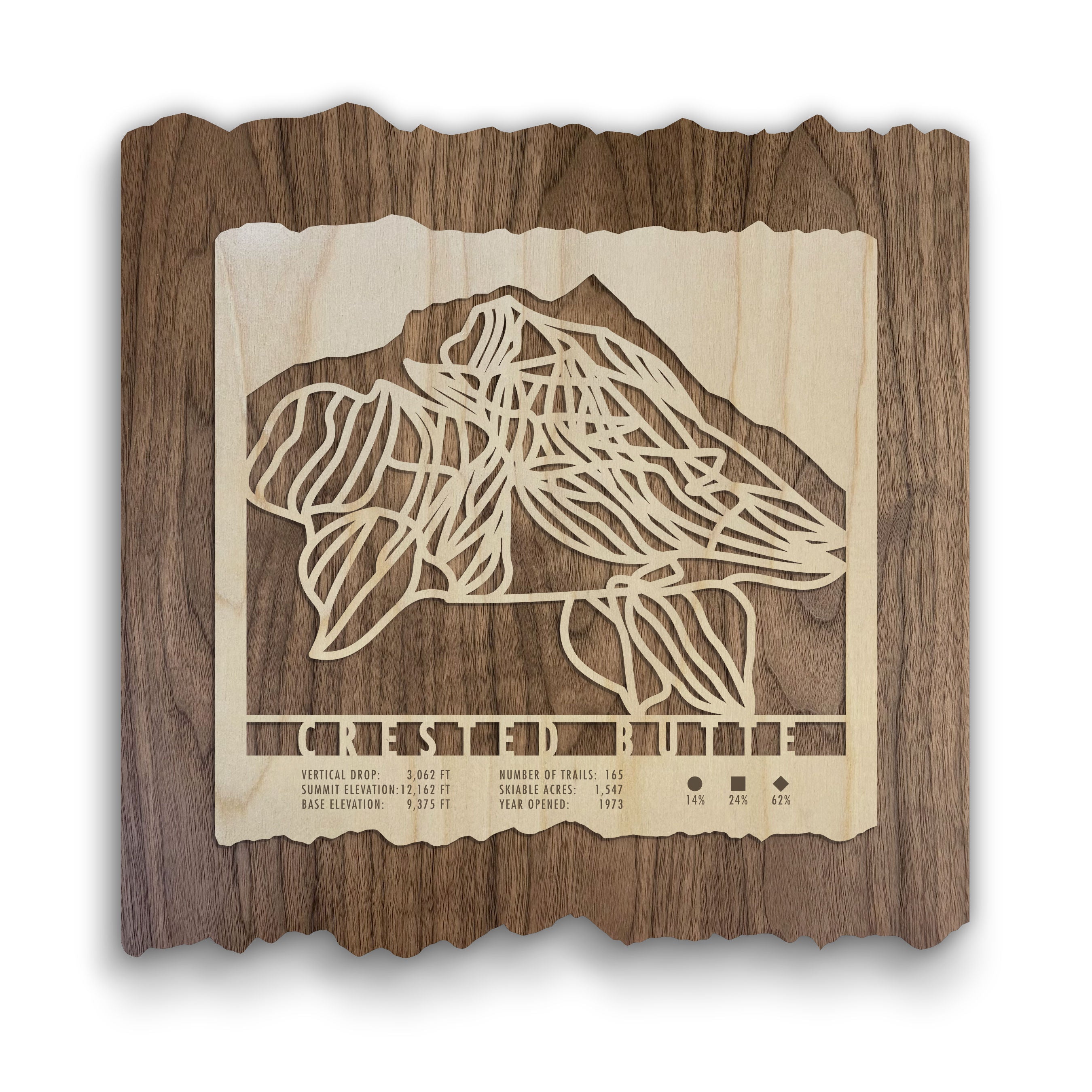 Crested Butte Trail Map - Ski Decor - Mountaincut wood wall art featuring laser-cut ski trails of Crested Butte, Colorado on dark wood.