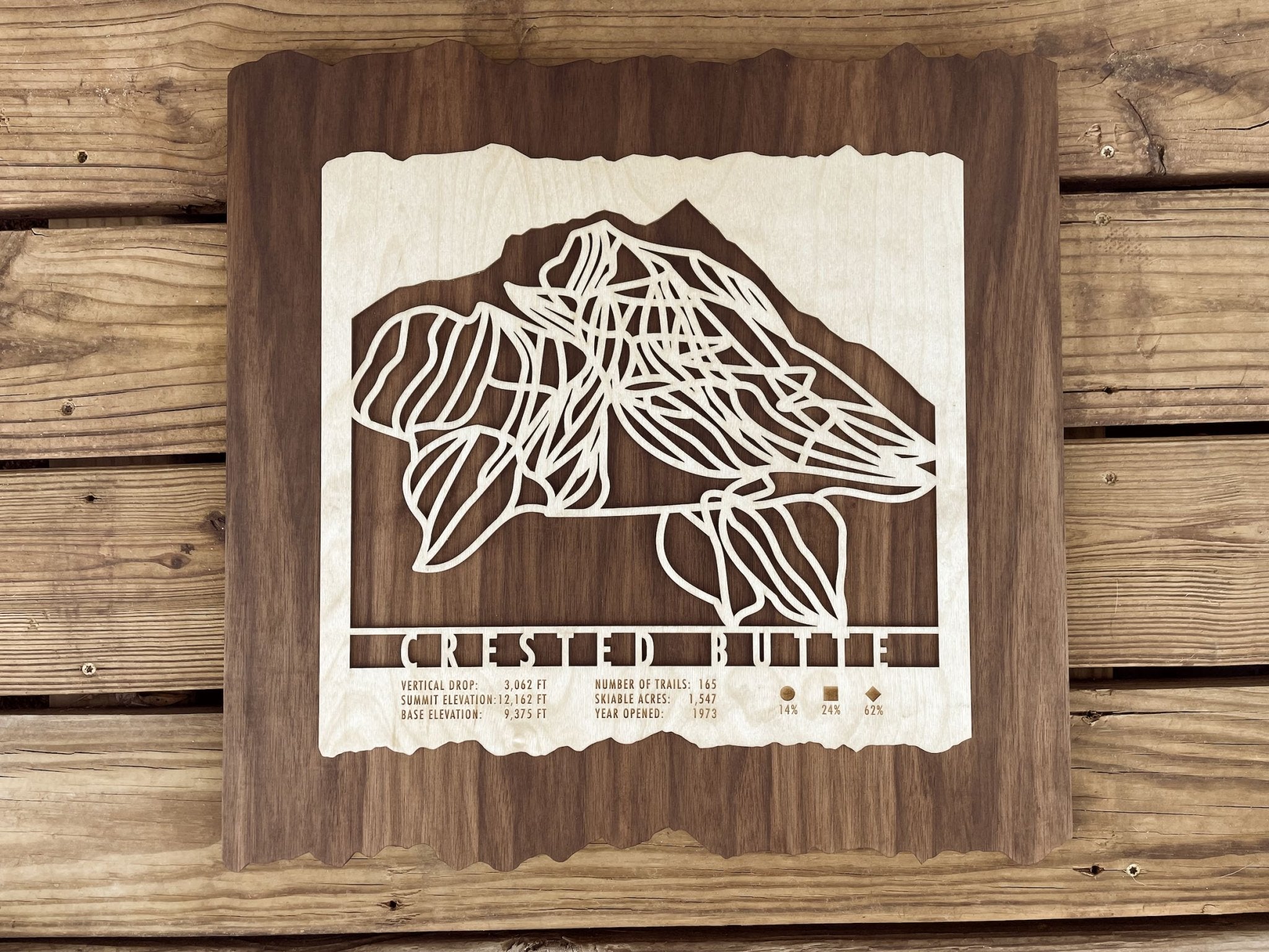 Crested Butte Trail Map - Ski Decor - Mountaincut wood artwork laid flat on rustic wooden surface, showcasing full trail design.