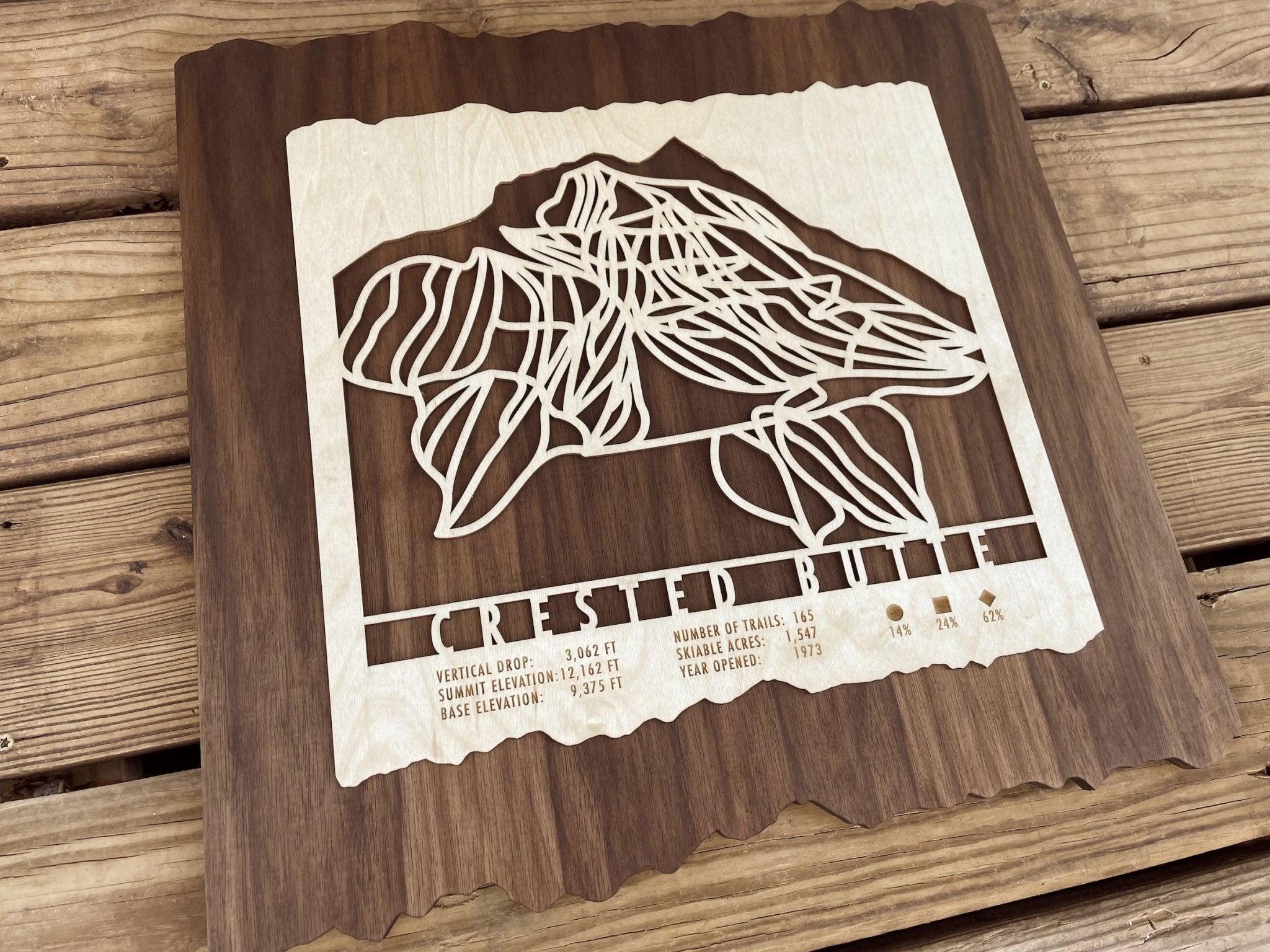 Crested Butte Trail Map - Ski Decor - Mountaincut displayed on wooden deck, highlighting engraved ski stats and trail layout.