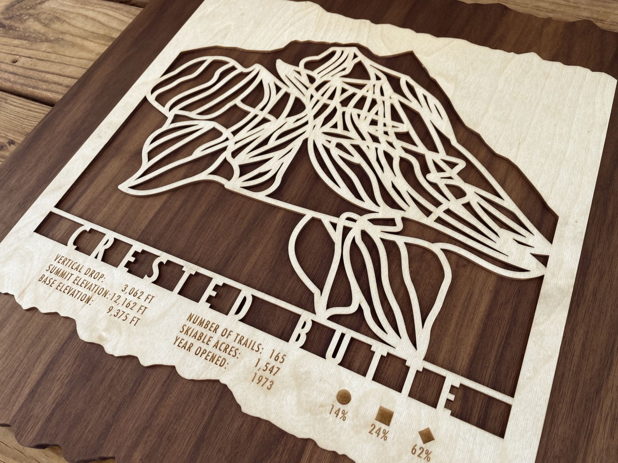 Angled view of Crested Butte Trail Map - Ski Decor - Mountaincut with visible trail difficulty icons and engraved elevation data.