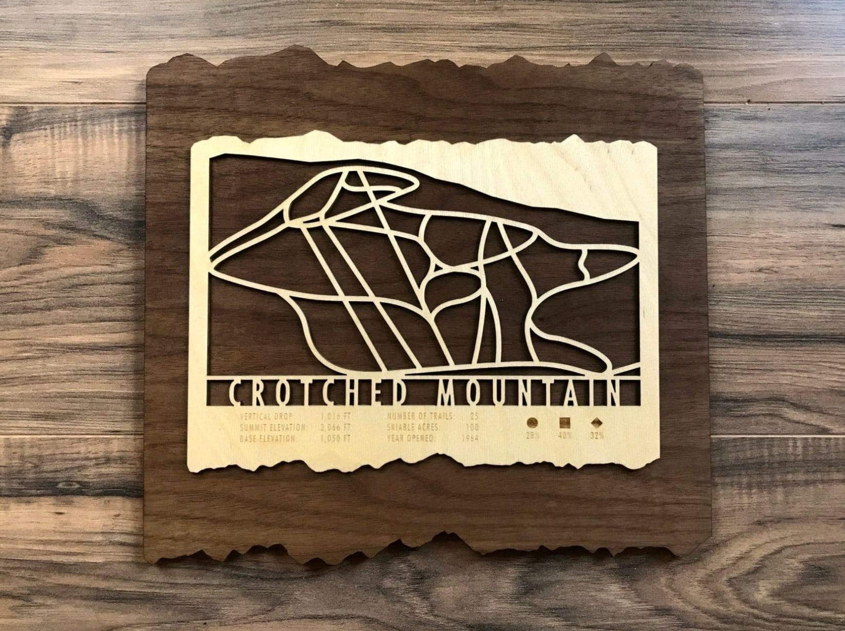 Crotched Mountain Ski Trail Map - Wall Art - handcrafted wood ski map with trail network and resort information, ideal for New Hampshire decor.