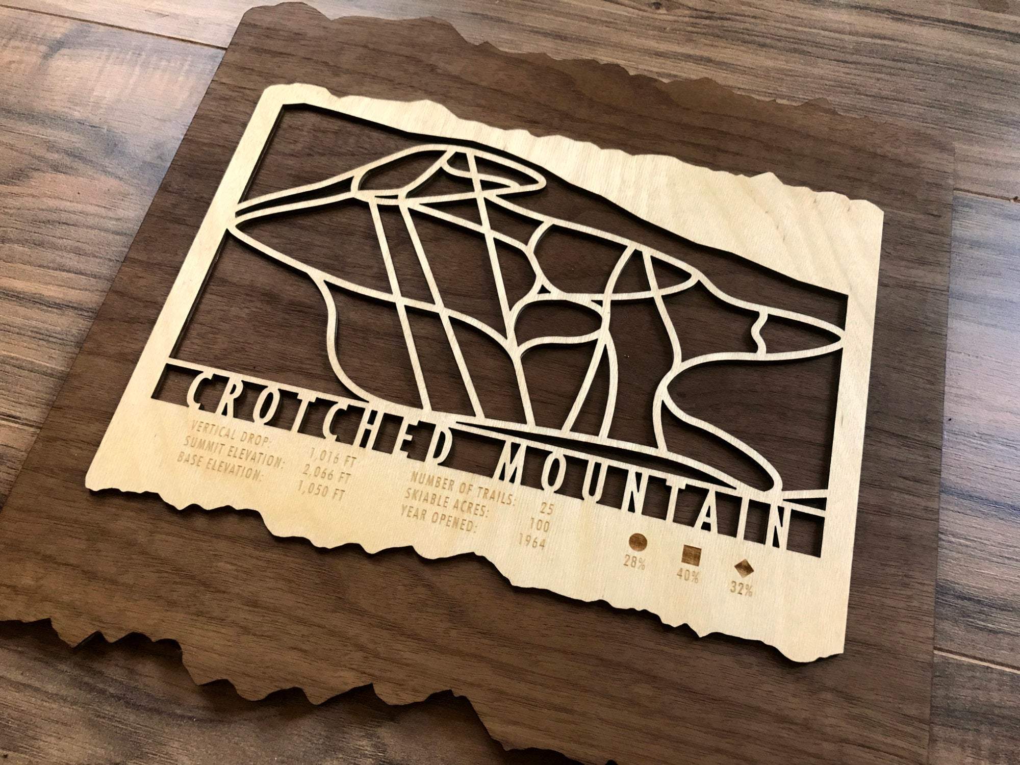 Crotched Mountain Trail Map - Wood Ski Decor - laser-cut wooden ski map with labeled trails and resort data, perfect for ski-themed wall art.