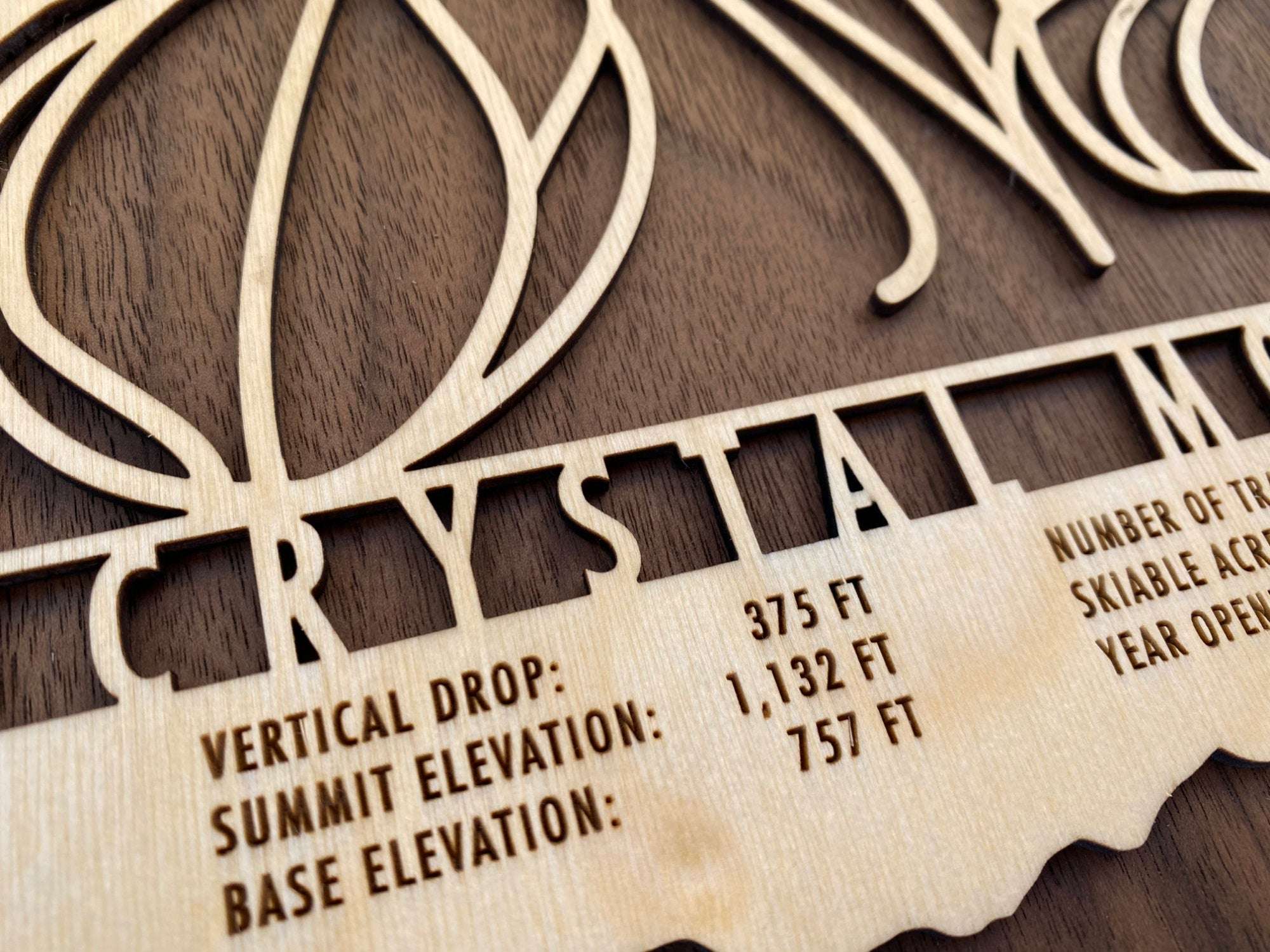 Close-up of Crystal Mountain Michigan Trail Map by MountainCut, showing engraved elevation and trail stats on precision-cut wood artwork.