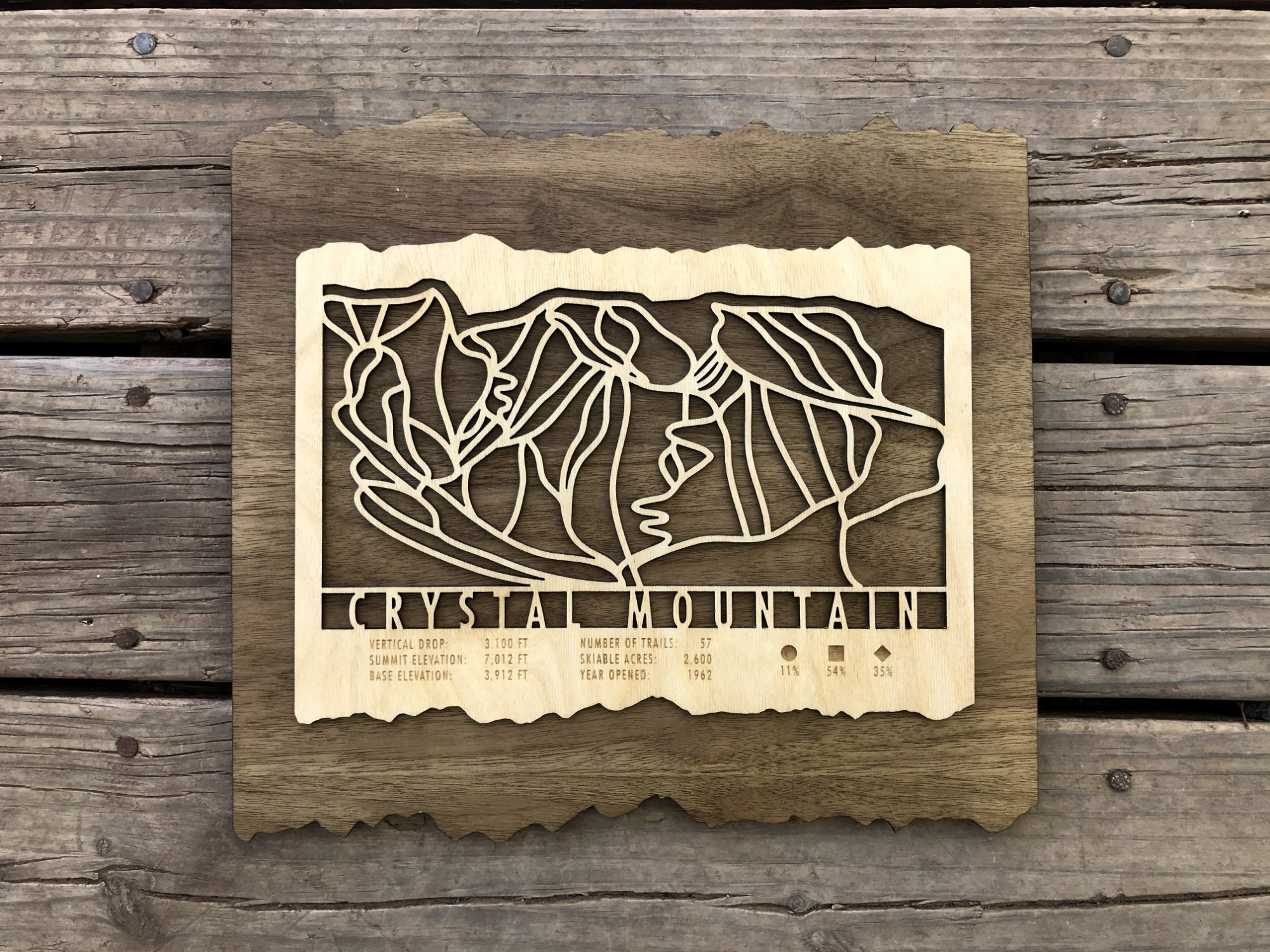 Crystal Mountain Trail Map - Wall Decor - MountainCut rustic wood ski map with engraved trail design and resort data, great for mountain homes.