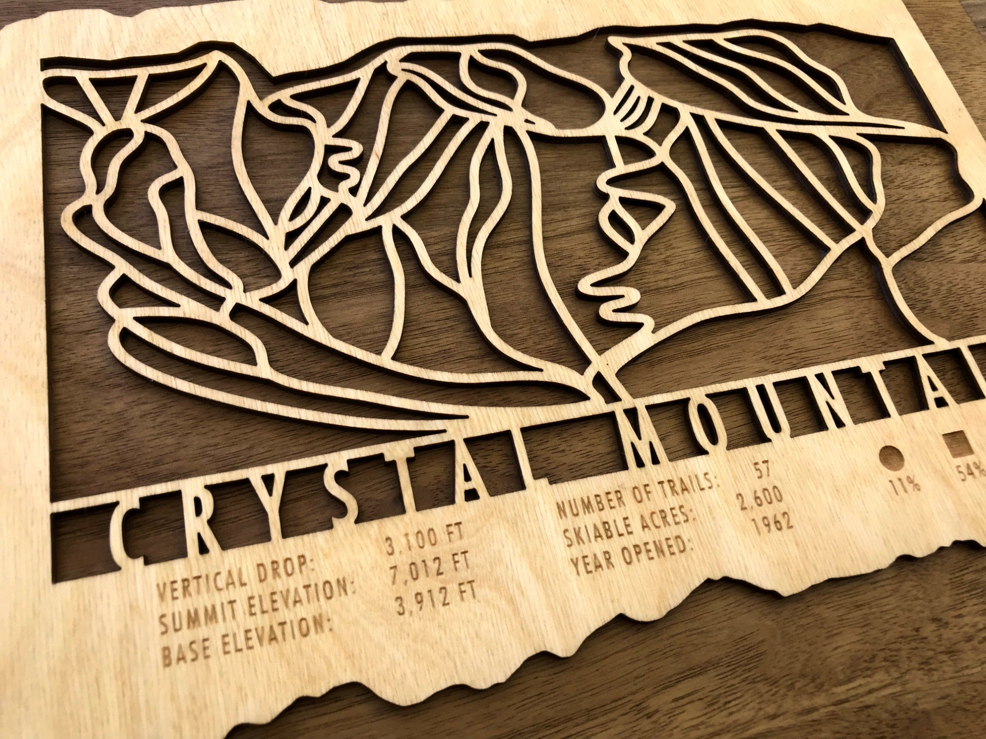 Crystal Mountain Trail Map - Wall Decor - MountainCut close-up of detailed wood carving showing ski trail layout and elevation stats.