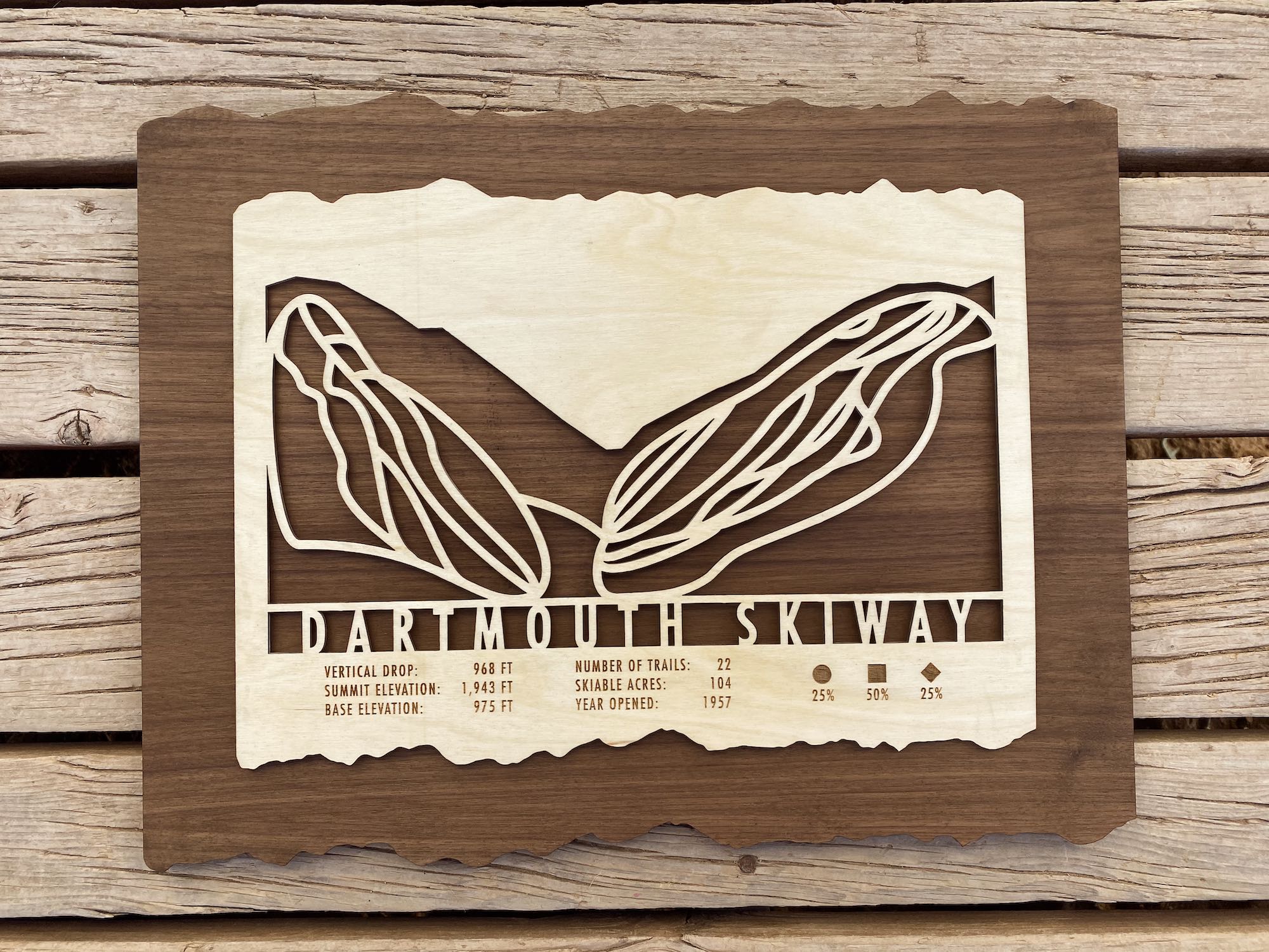 Mounted Dartmouth Skiway Trail Map by Mountaincut, laser-etched wood artwork with ski trail layout and mountain stats for wall display.