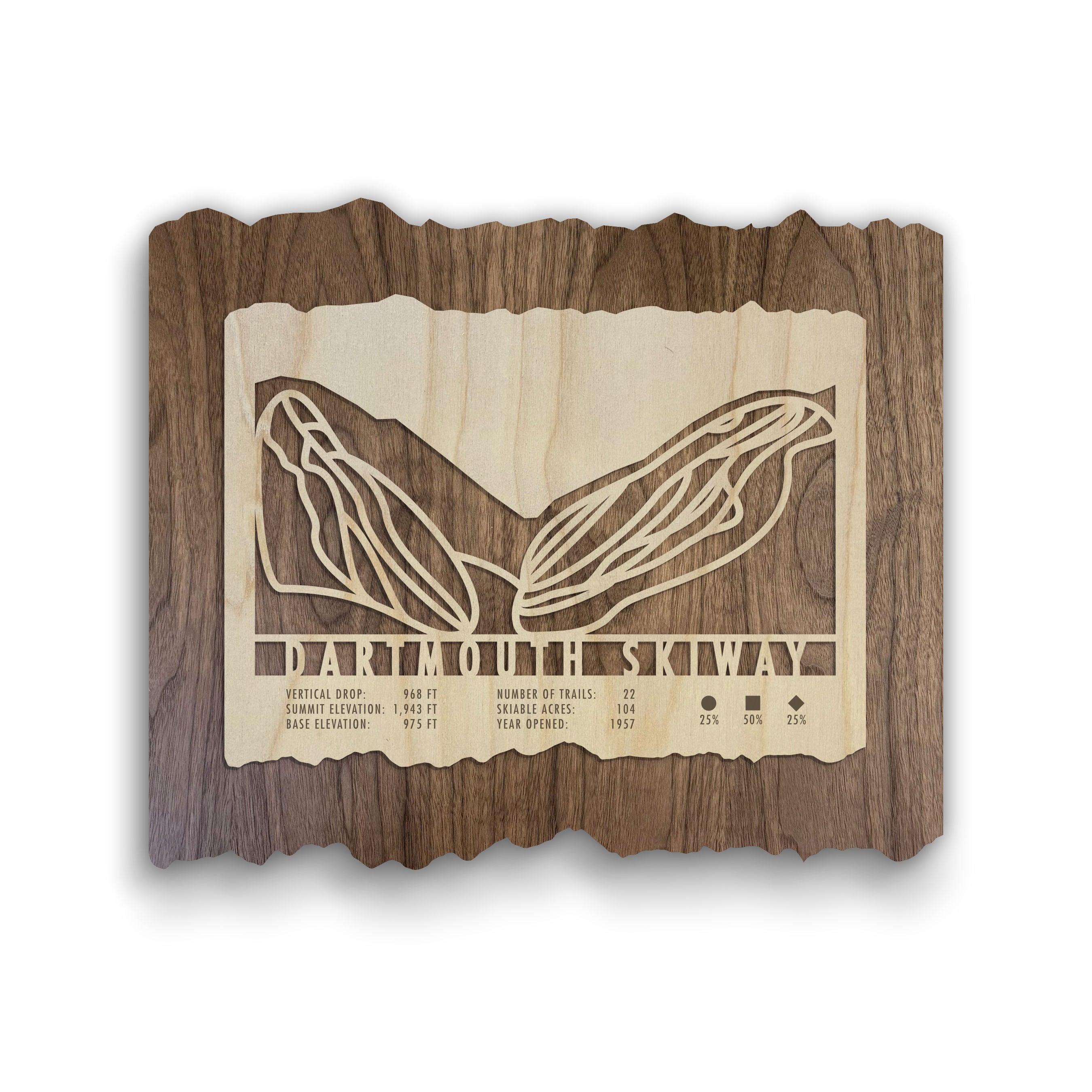 Dartmouth Skiway Trail Map - Woos Ski Decor by Mountaincut - Wood ski map featuring laser-cut trails and elevation stats on rustic wood for home or lodge display.