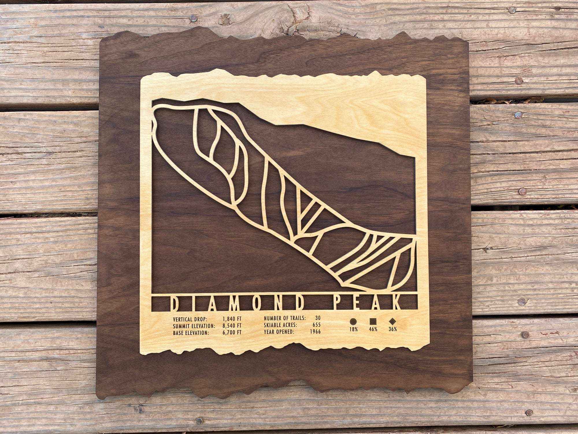 Full view of Diamond Peak Trail Map - Wall Decor - Mountaincut on rustic wood background, perfect ski-themed wall art for home or cabin.