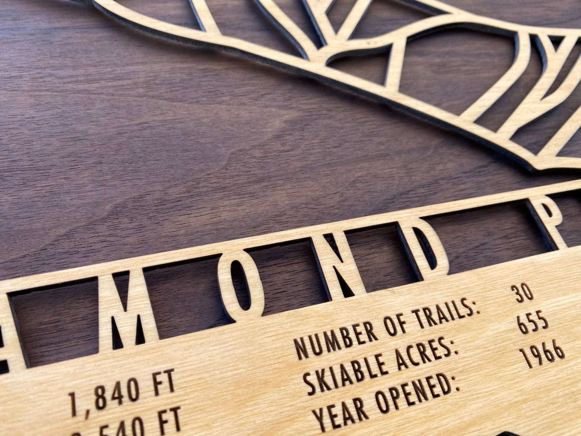 Detailed view of Diamond Peak Trail Map - Wall Decor - Mountaincut showing engraved resort statistics and fine wood craftsmanship.