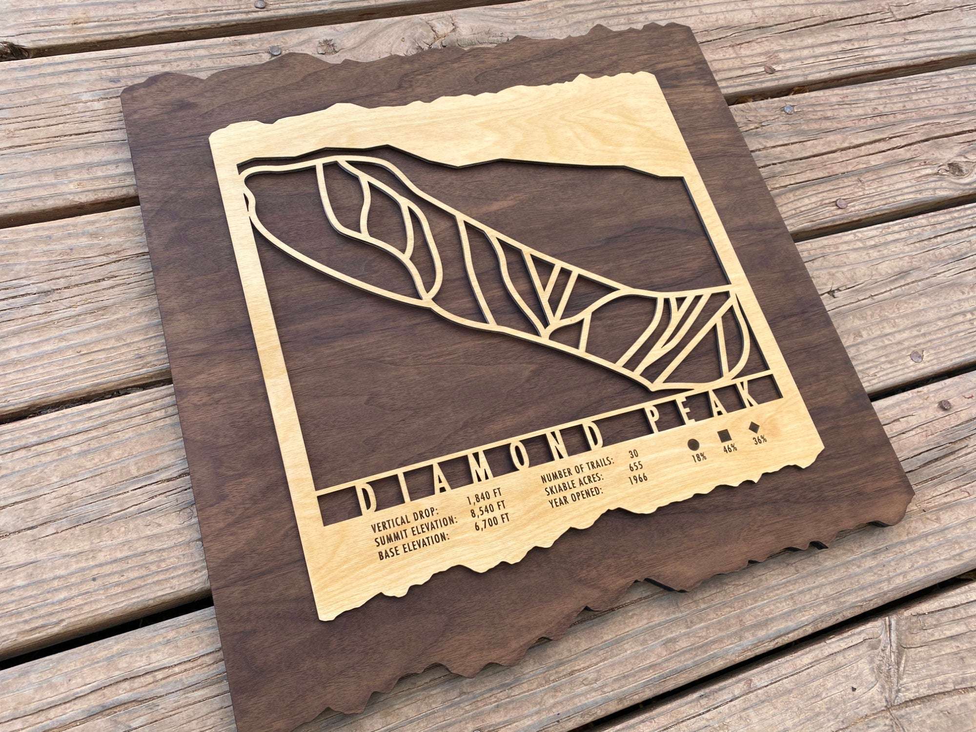 Diamond Peak Trail Map Wood Wall Decor by MountainCut displayed on wooden surface, highlighting natural wood grain and precision-cut ski trail artwork.