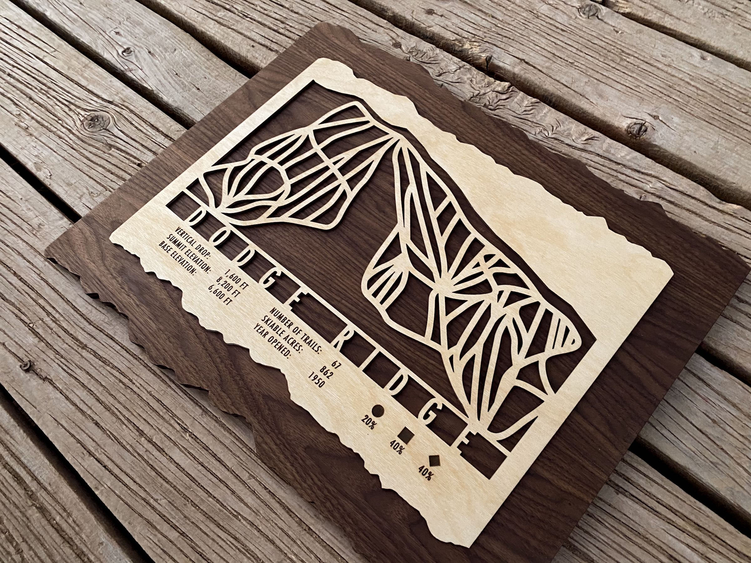 Detailed Dodge Ridge Trail Map Wood Wall Decor by Mountaincut with engraved trail lines and resort data, handcrafted wood artwork for ski enthusiasts.